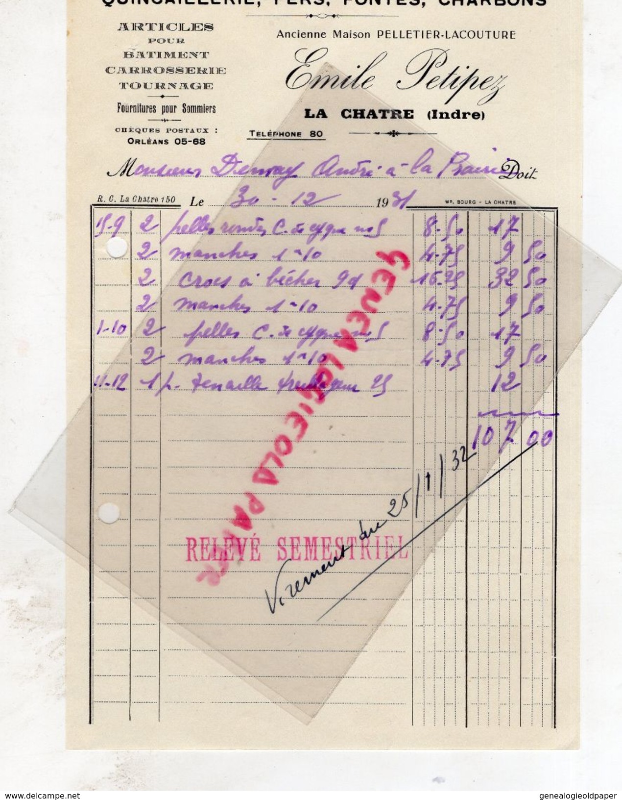 36- LA CHATRE- RARE FACTURE EMILE PETIPEZ-PELLETIER LACOUTURE- QUINCAILLERIE FERS FONTES CHARBONS- 1931 - Chemist's (drugstore) & Perfumery