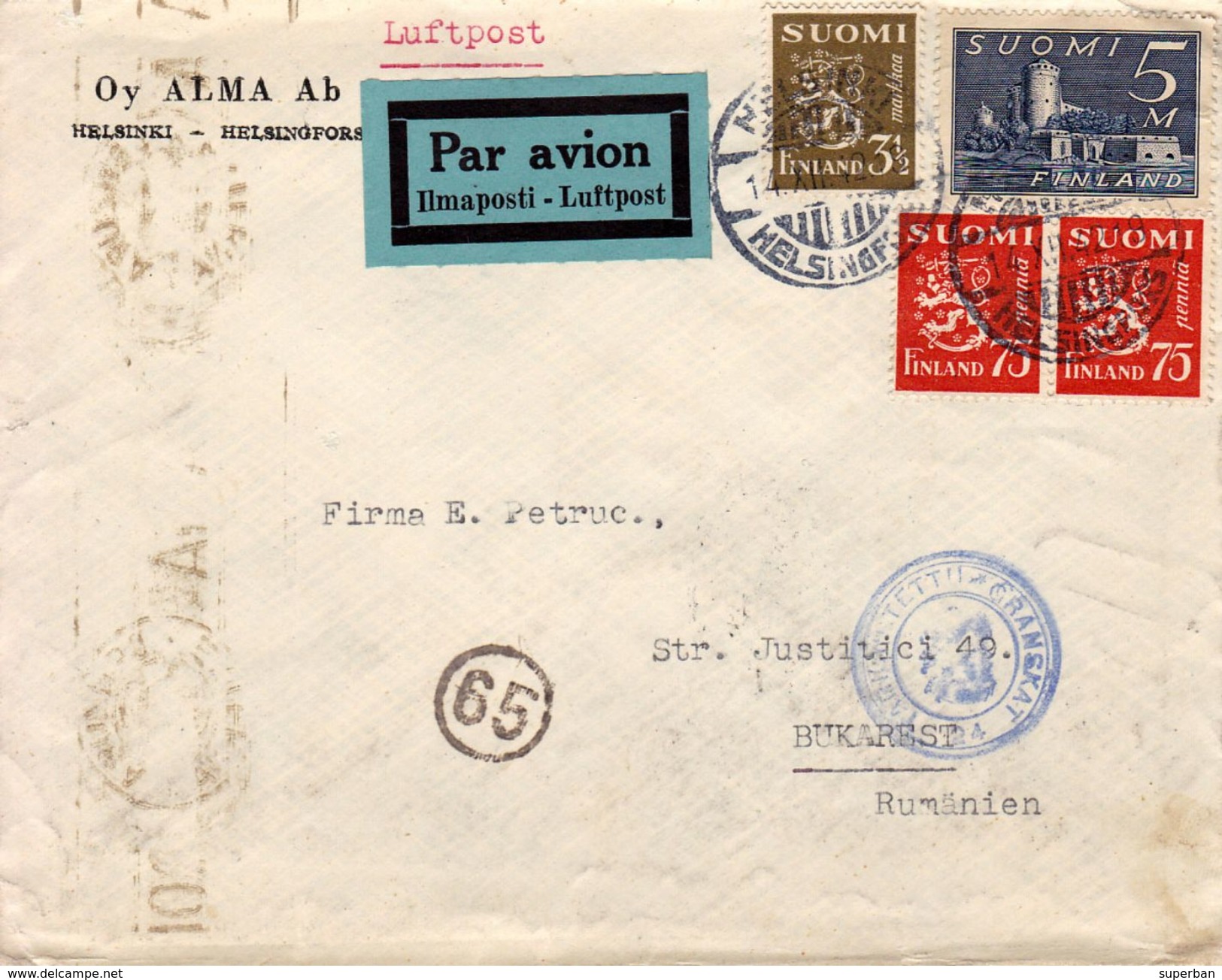 LETTER MAILED In 1942 From HELSINKI To BUCHAREST / ROMANIA - PAR AVION / LUFTPOST / MILITARY CENSORSHIP ! (ab219) - Briefe U. Dokumente