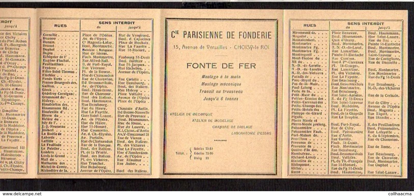 1950 Publicité 4 Volets Compagnie Parisienne De Fonderie à Choisy Le Roi / Momenclature Des Rues à Sens Unique De Paris - Advertising