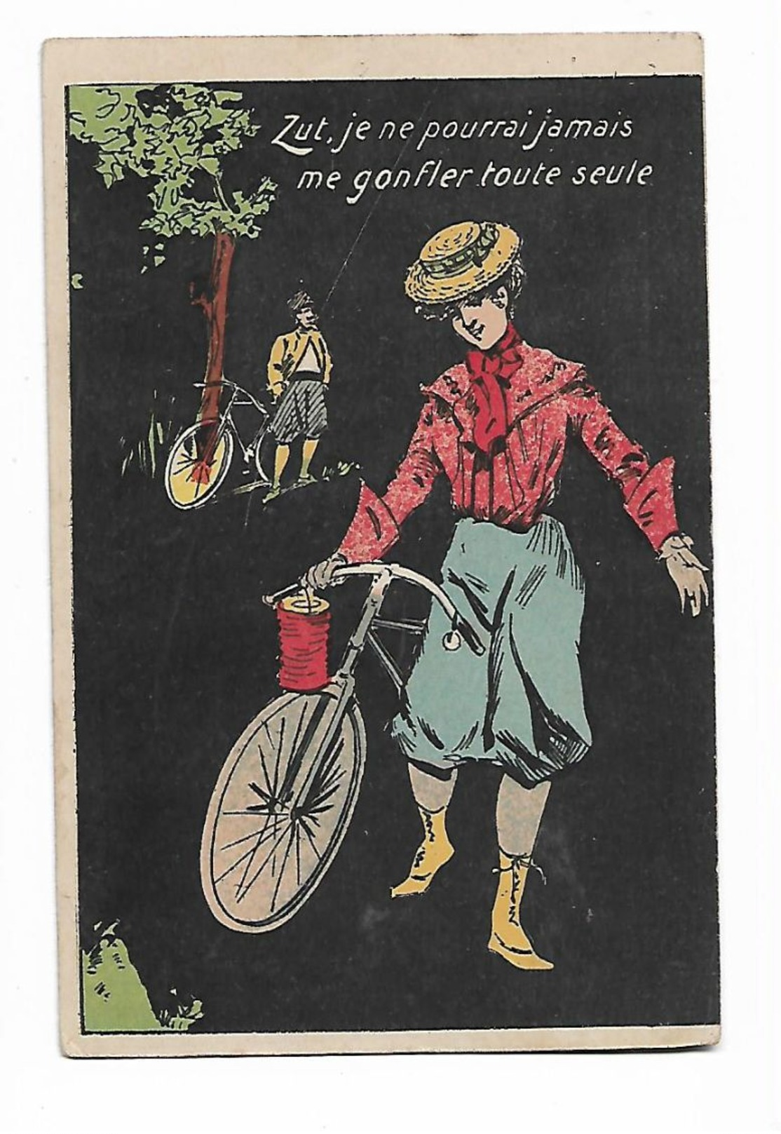 Illustrateur   - Pas Signée  -   Femme  Et  Vélo  "  Zut , Je Ne Pourrai  Jamais   Me  Gonfler  Toute  Seule   " - Humour