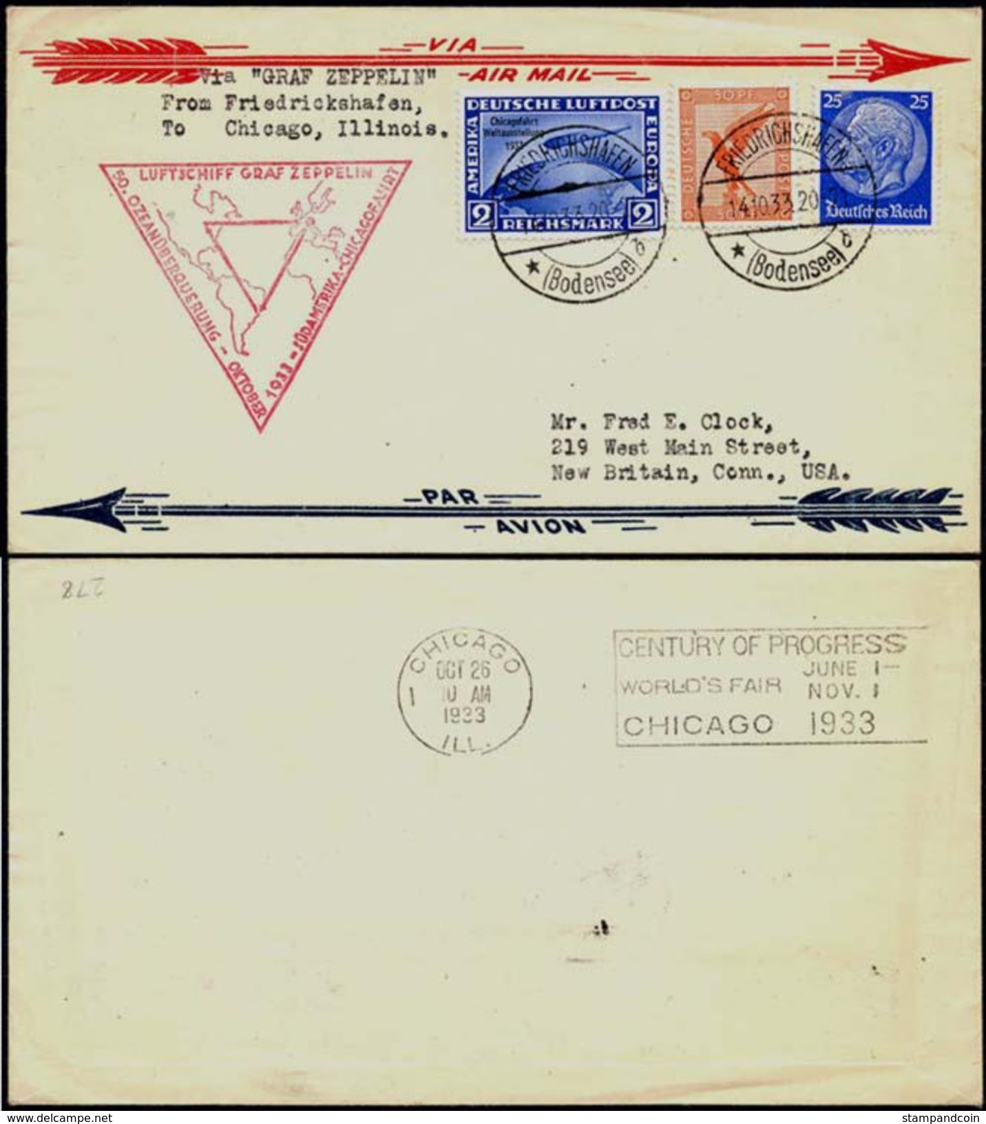 Germany C44  (Michel 497)  ZEPPELIN  Flight 1933  Friedrickshafen To Chicago Illinois - Covers & Documents