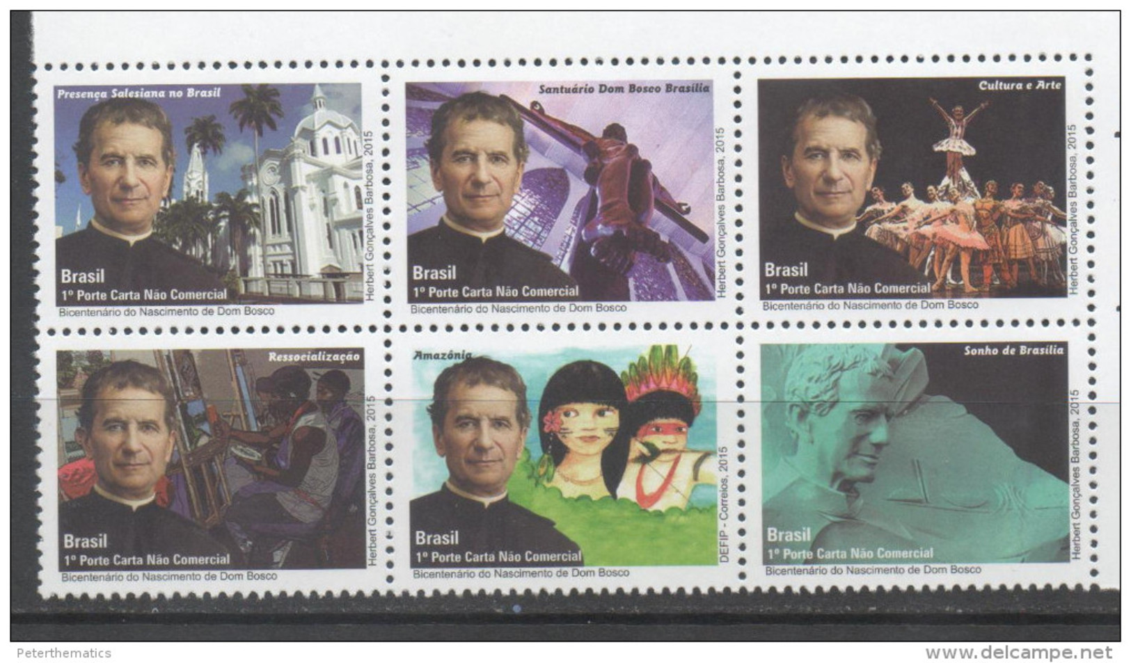 BRAZIL, 2015 , MNH, RELIGION , CHRISTIANITY, DON BOSCO, DANCING, ART, CATHEDRALS, 6v - Christianity