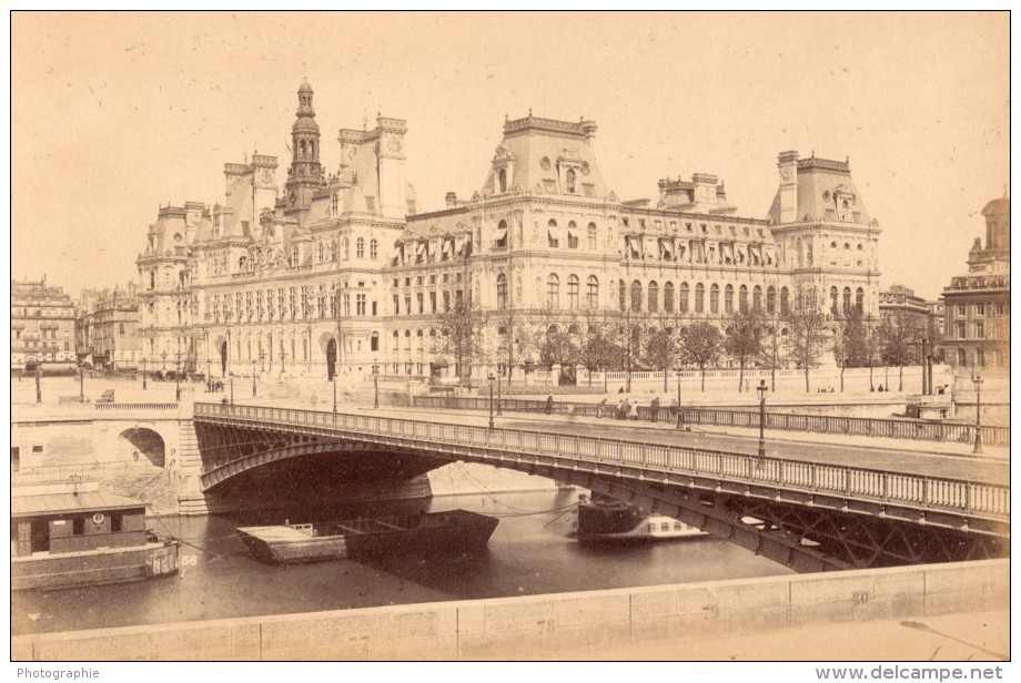 Paris L'Hotel De Ville Pont D'Arcole La Seine Ancienne Photo X 1890 - Old (before 1900)