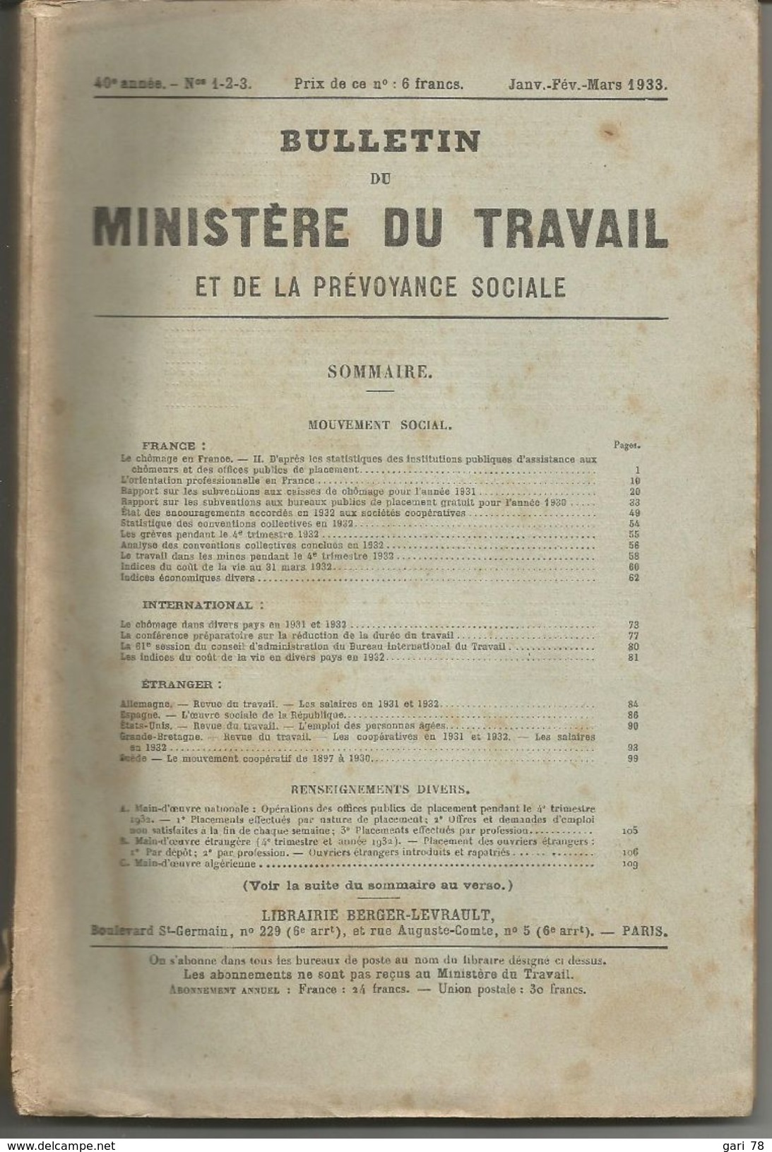 Bulletin Du MINISTERE DU TRAVAIL Et De La Prévoyance Sociale Janv Février Mars 1933 - 40e Année - Droit