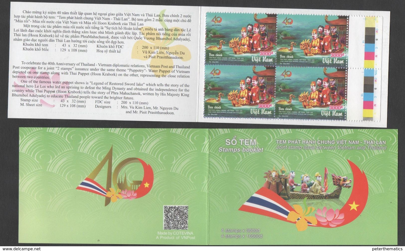 VIETNAM , 2016, MNH, JOINT ISSUE WITH THAILAND, DIPLOMATIC RELATIONS, SHIPS, BOATS, TURTLES, BOOKLET OF 8 STAMPS - Joint Issues