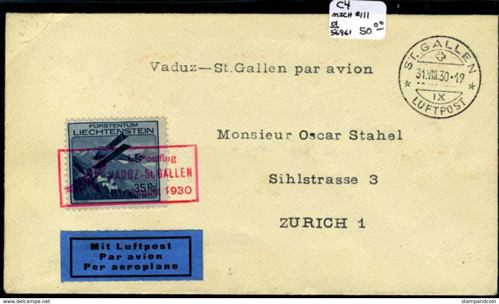 Liechtenstein C4 (Michel #111)  Used  Flight Cover August 31, 1930 - Poste Aérienne