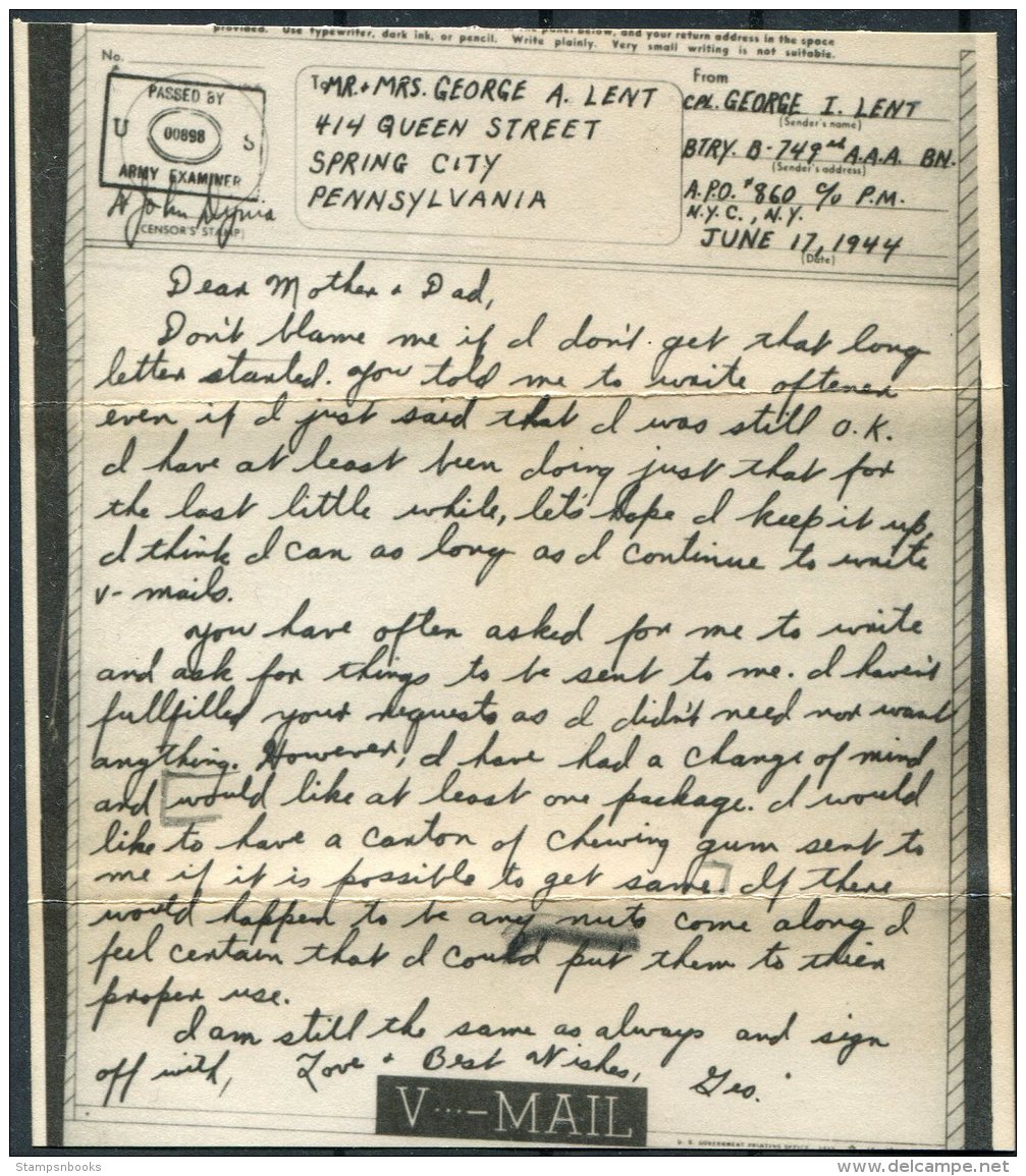1944 Iceland USA Military APO 860 V-Mail + Cover - Spring City, Pennsylvania - Briefe U. Dokumente