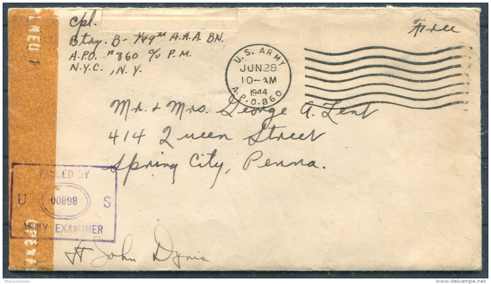 1944 Iceland USA Military APO 860 Cover + Letter - Spring City, Pennsylvania - Lettres & Documents