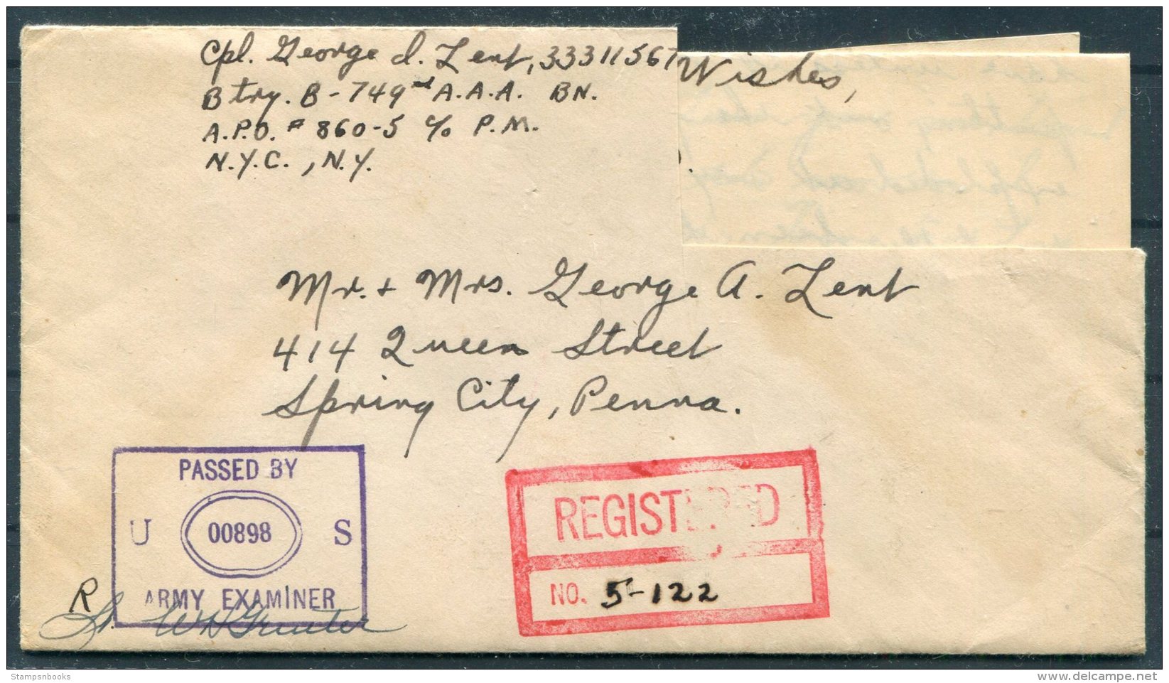 1944 Iceland USA Military APO 860 Registered Cover + Letter - Spring City, Pennsylvania - Covers & Documents