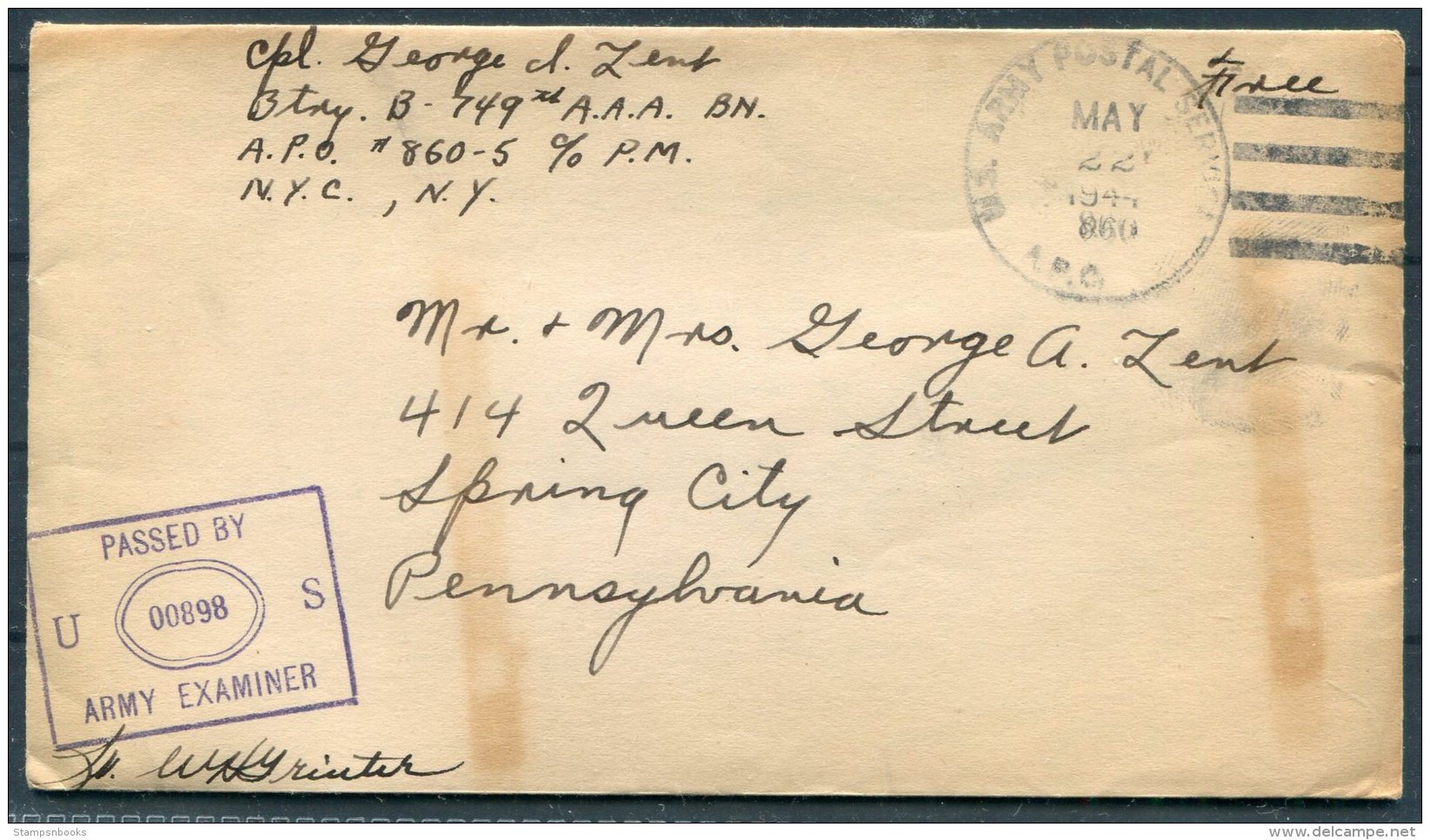 1944 Iceland USA Military APO 860 Cover + Letter - Spring City, Pennsylvania - Covers & Documents