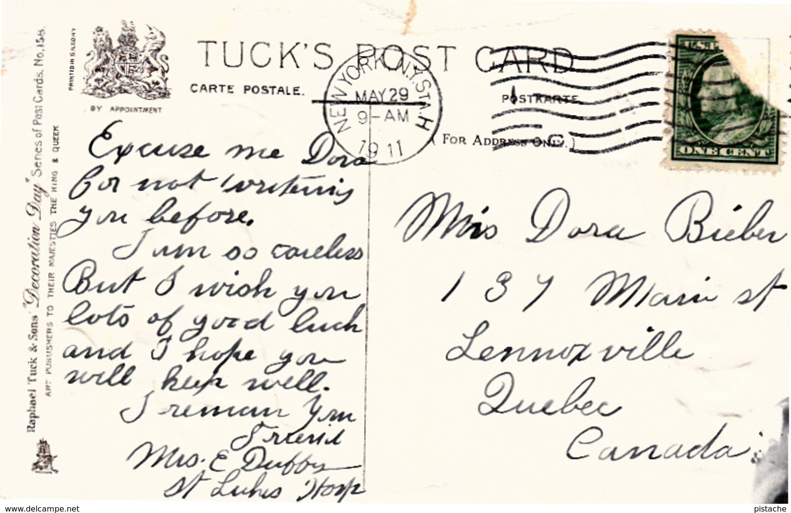 Vintage 1911 - Raphael Tuck & Sons - Decoration Day No 158 - American USA Flag - Embossed - Stamp + Postmark -  2 Scans - Tuck, Raphael