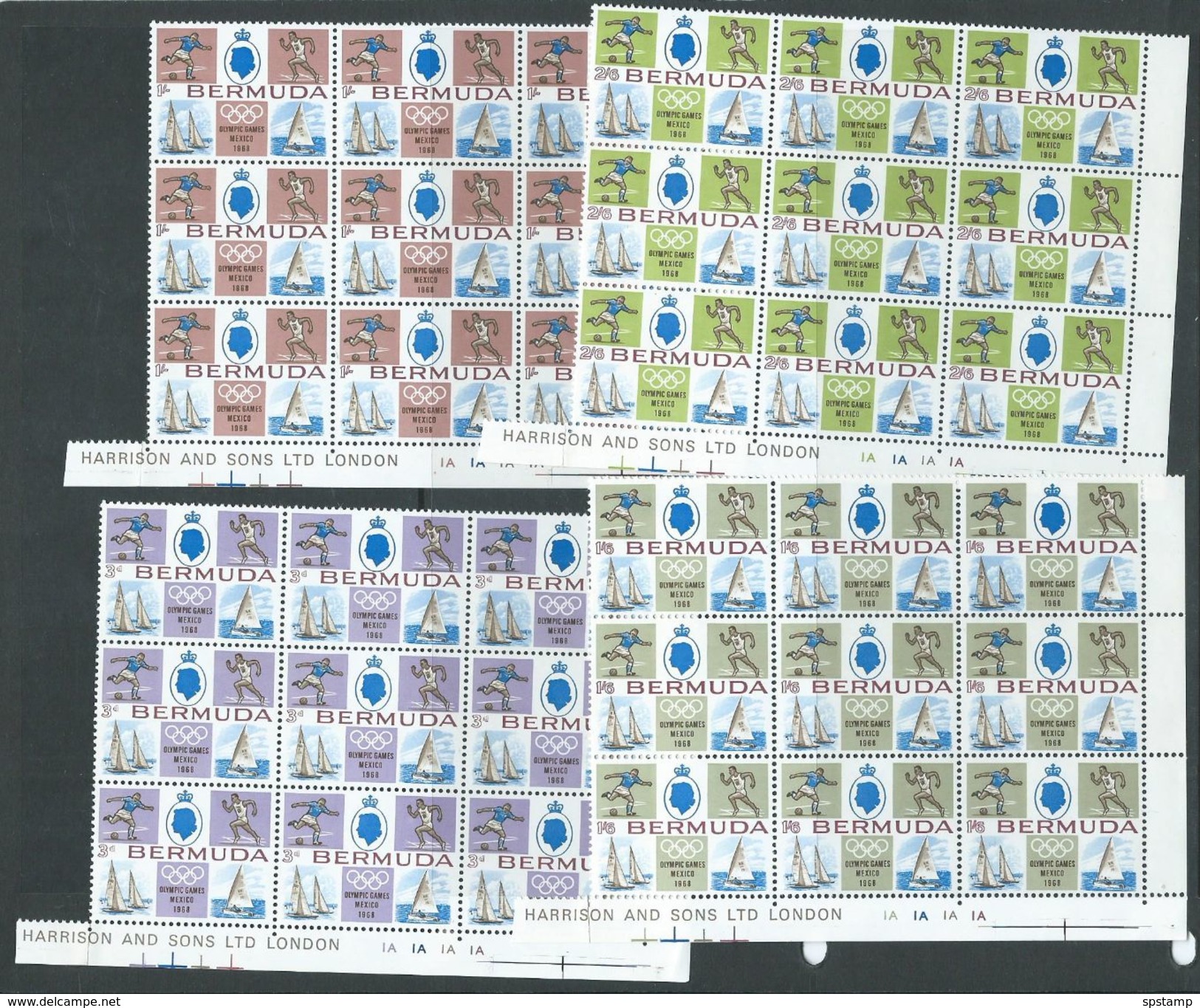 Bermuda 1968 Mexico Olympic Games Set 4 MNH Imprint & Plate Number Blocks Of 9 - Bermuda