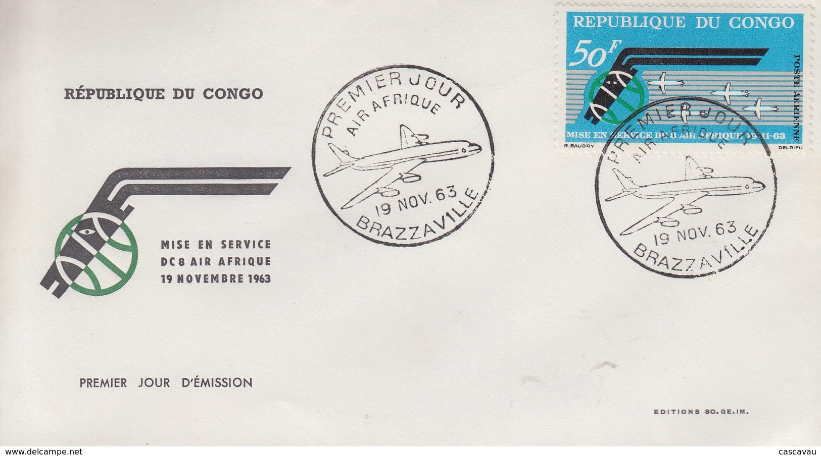 Enveloppe  FDC   1er   Jour     CONGO      Mise En Service   DC 8   De  La   Compagnie   AIR  AFRIQUE   1963 - FDC