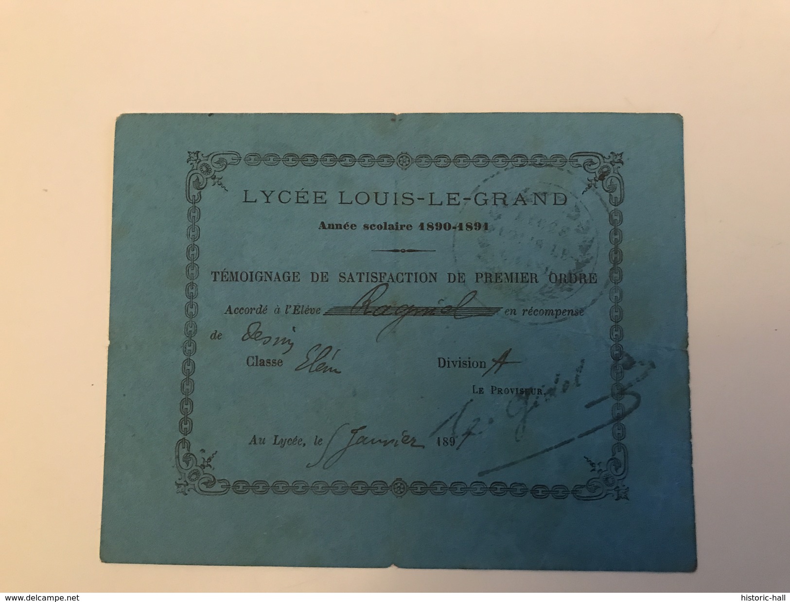 LYCEE LOUIS LE GRAND (PARIS 5e Arrdt) Année 1890-1891 Temoignage De Satisfaction De Premier Ordre - Diplômes & Bulletins Scolaires