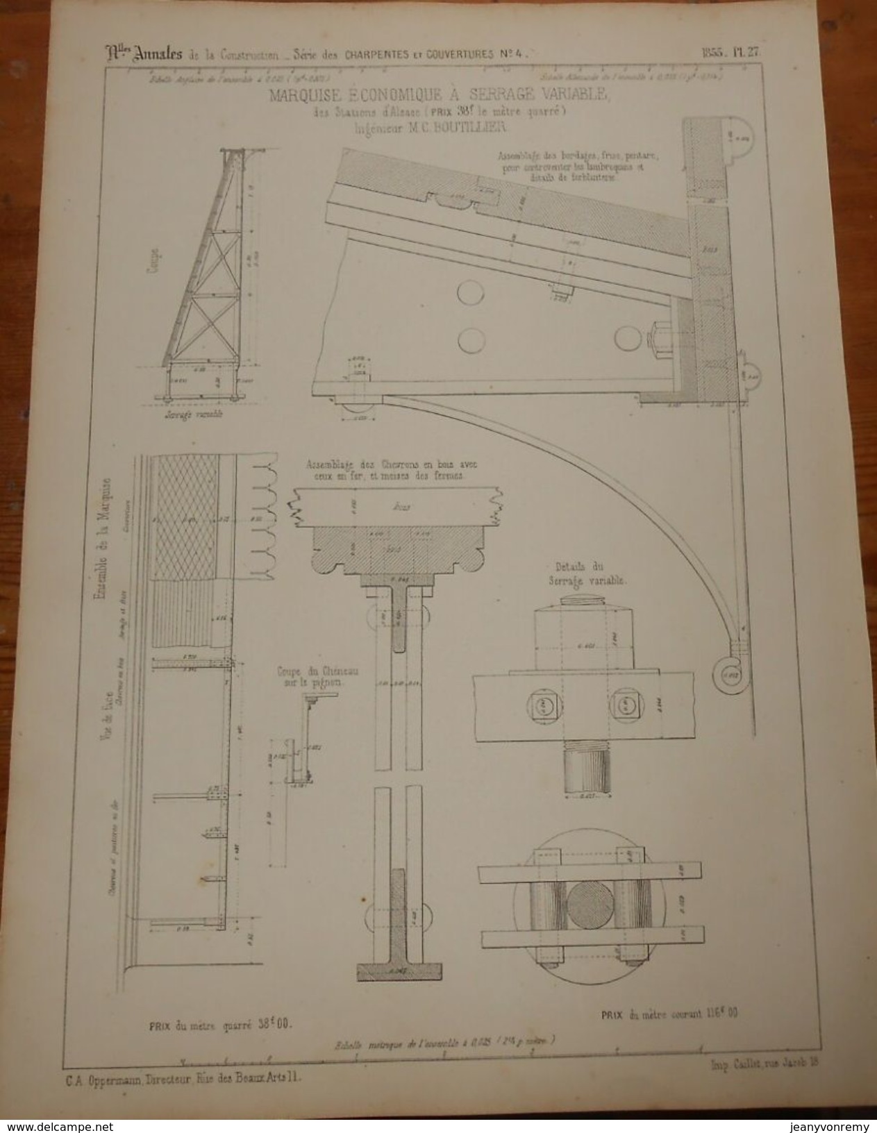 Plan D'une Marquise économique à Serrage Variable Des Stations D'Alsace. 1855. - Public Works