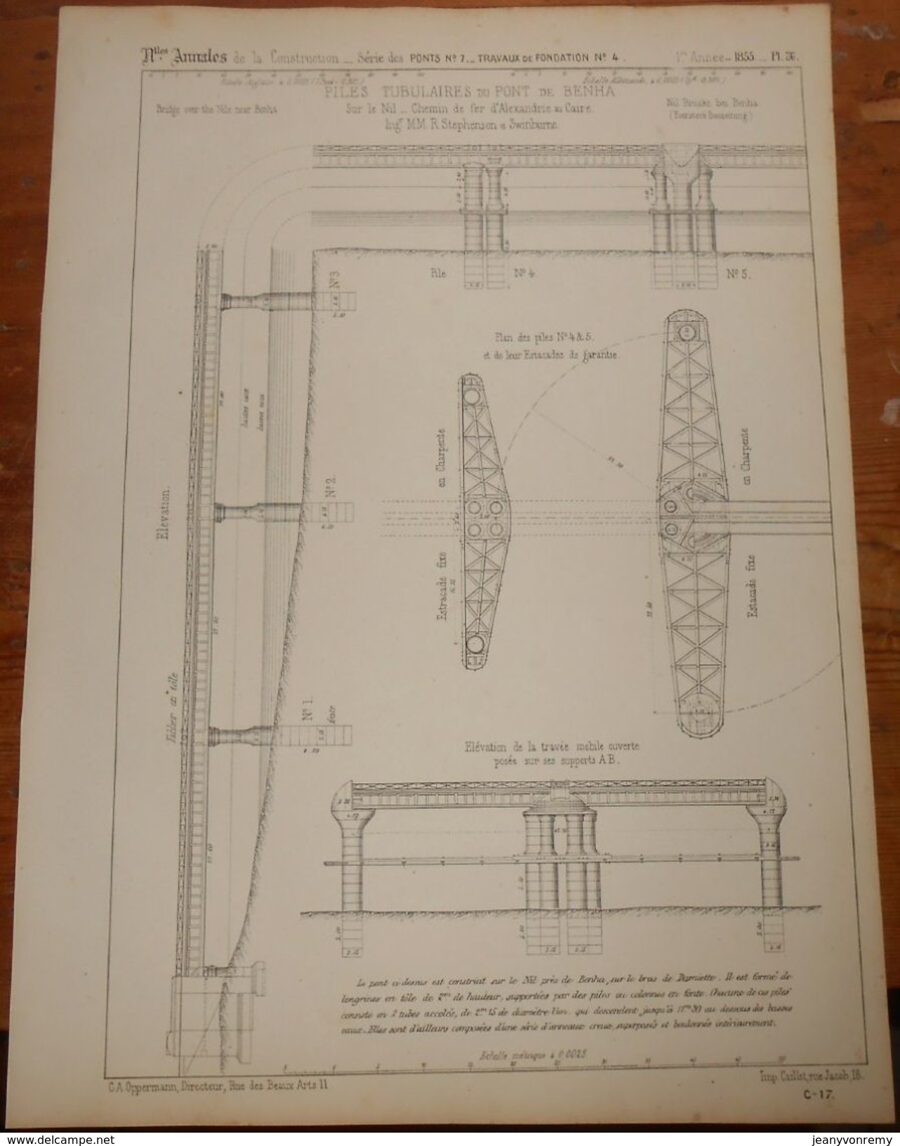 Plan De Piles Tubulaires Du Pont De Benha Sur Le Nil. 1855. - Obras Públicas