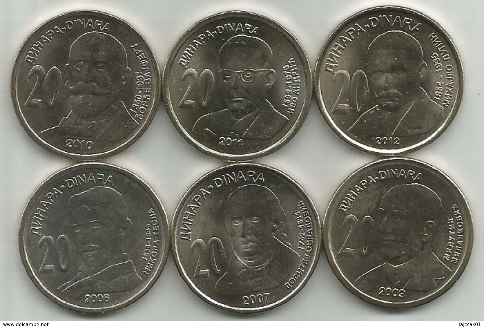 Serbia 20 Dinara 2006 - 2007 - 2009 - 2010 - 2011 - 2012.   6 Commemorative Coins HIGH GRADE From Bank Bag - Serbia