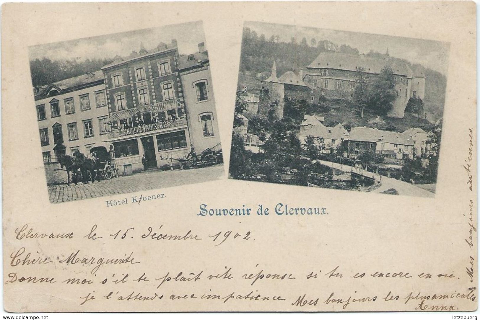 Clervaux (Klierf) - Multivue Avec Hôtel Koener (Malle Poste) Et Le Vieux Château - Clervaux