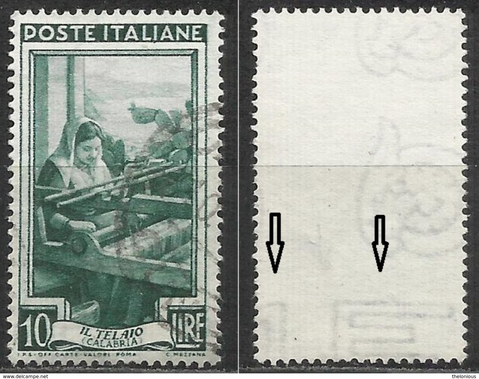 # Filigrana Lettere Bassa 9/10 - 10 Lire Ruota 3° SA Italia Al Lavoro - 1946-60: Usados