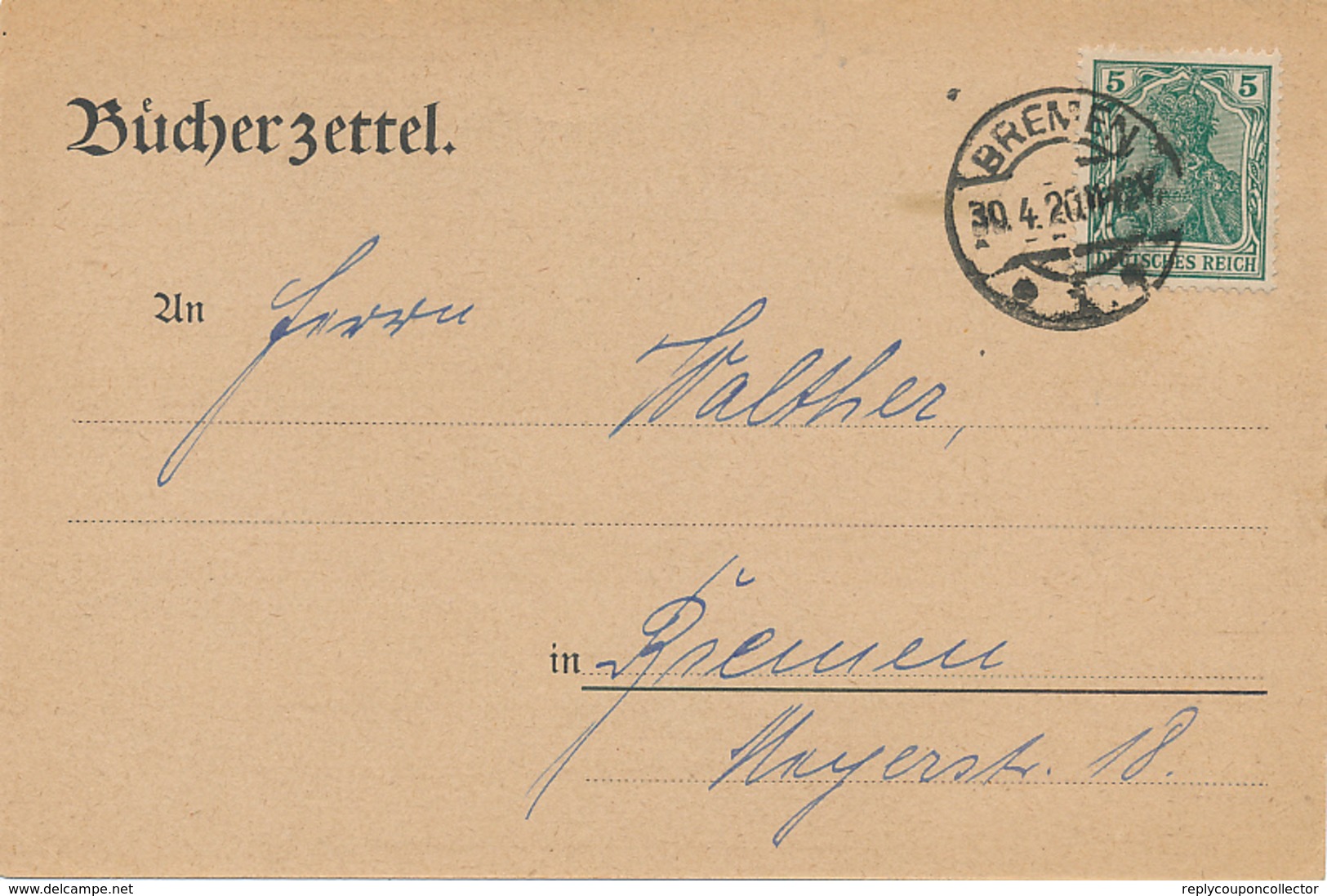 BREMEN - 1920 , Bücherzettel - Storia Postale