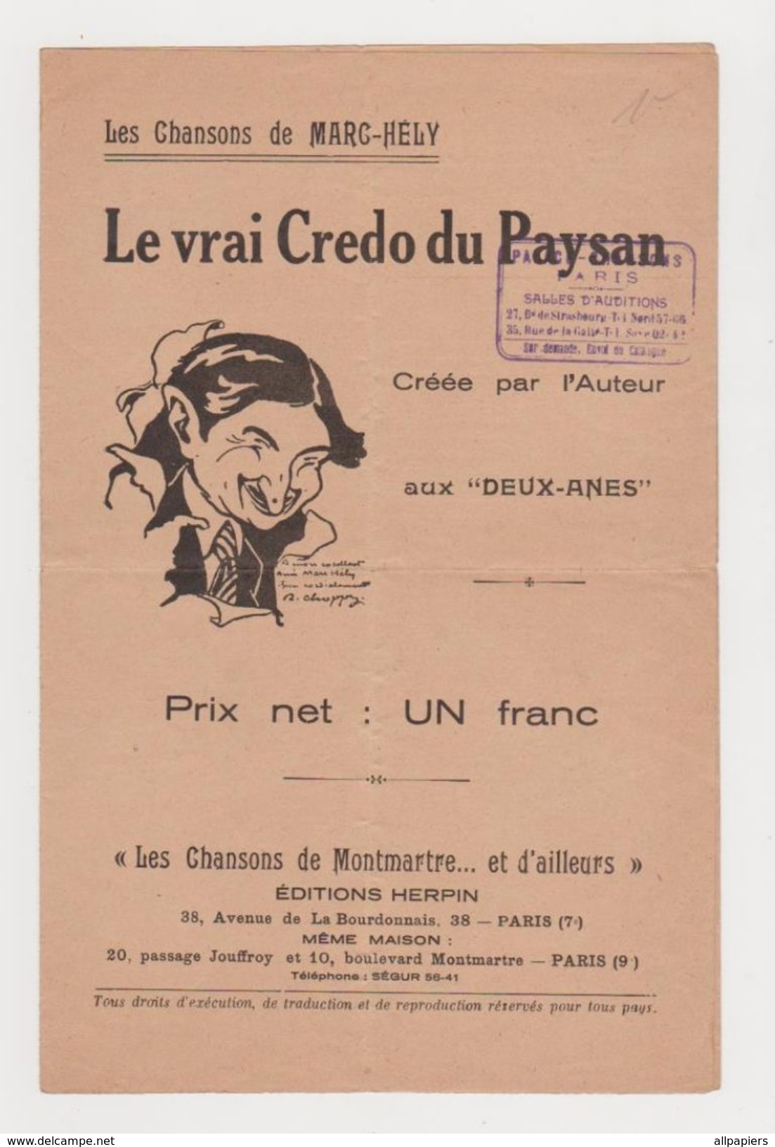 Partition Le Vrai Credo Du Paysan Les Chansons De Marc-Hély Aux Deux-ânes - Song Books