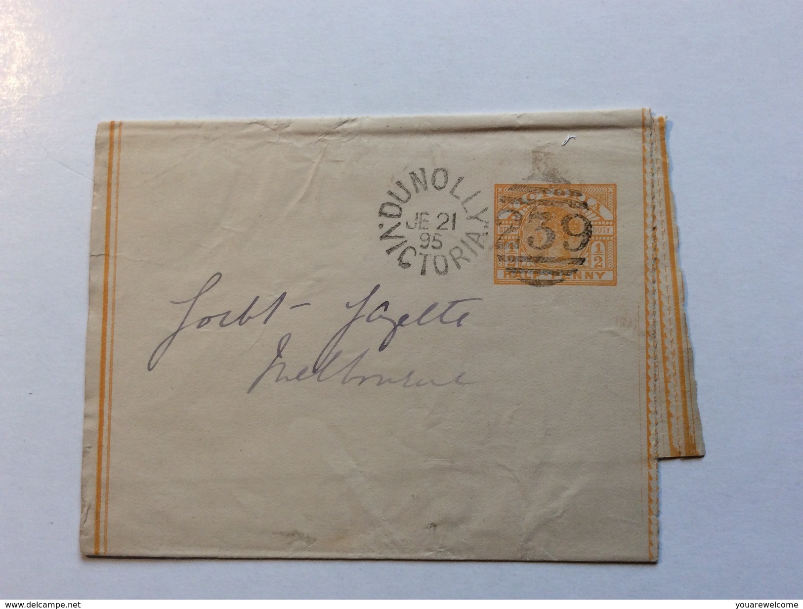 Victoria Postal Stationery Wrapper Duplex „DUNOLLY 239“ 1895 > Melbourne (Australia Cover Lettre Australie Entier - Covers & Documents