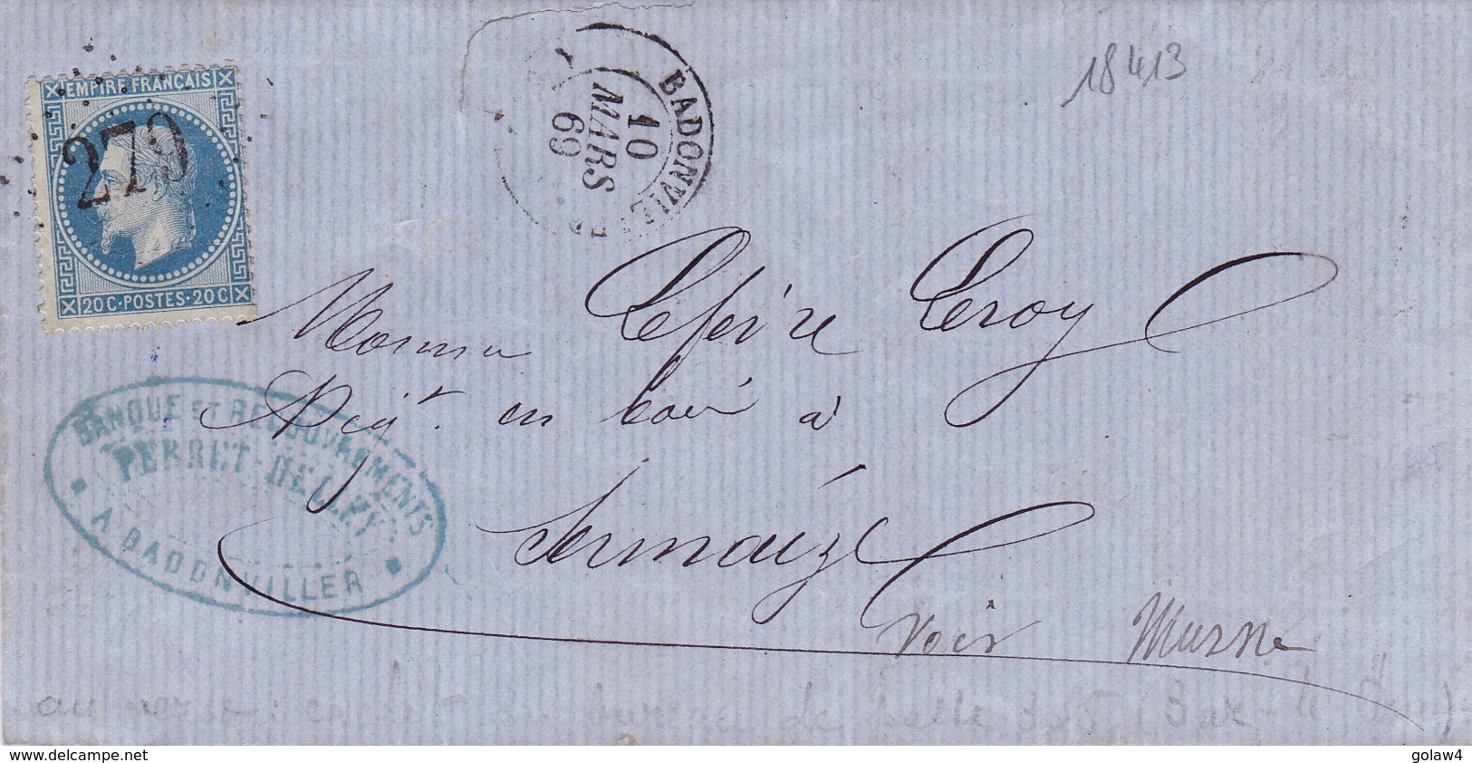 18413# LAURE LETTRE Obl BADONVILLER 1869 T15 MEURTHE Pour SERMAIZE MARNE - 305 BUREAU DE PASSE BAR LE DUC MEUSE - 1849-1876: Periodo Clásico