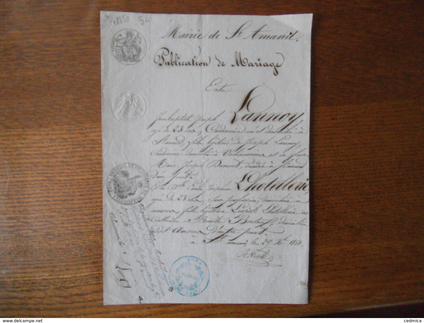 SAINT AMAND MAIRIE COURRIER DU 29 Xbre 1850 LE MAIRE A.NICOLLE PUBLICATION DE MARIAGE J .B. LANNOY EMILIE LHOTELLERIE - Manuskripte