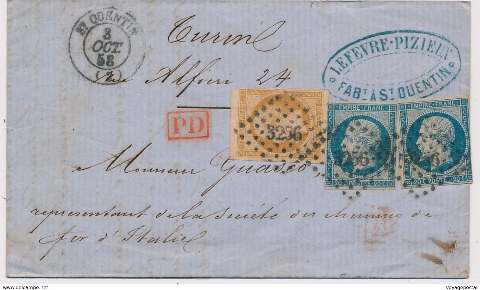 Lettre N°13,14x2 CaD ST Quentin Aisne Pour Turin 1858 - 1849-1876: Période Classique