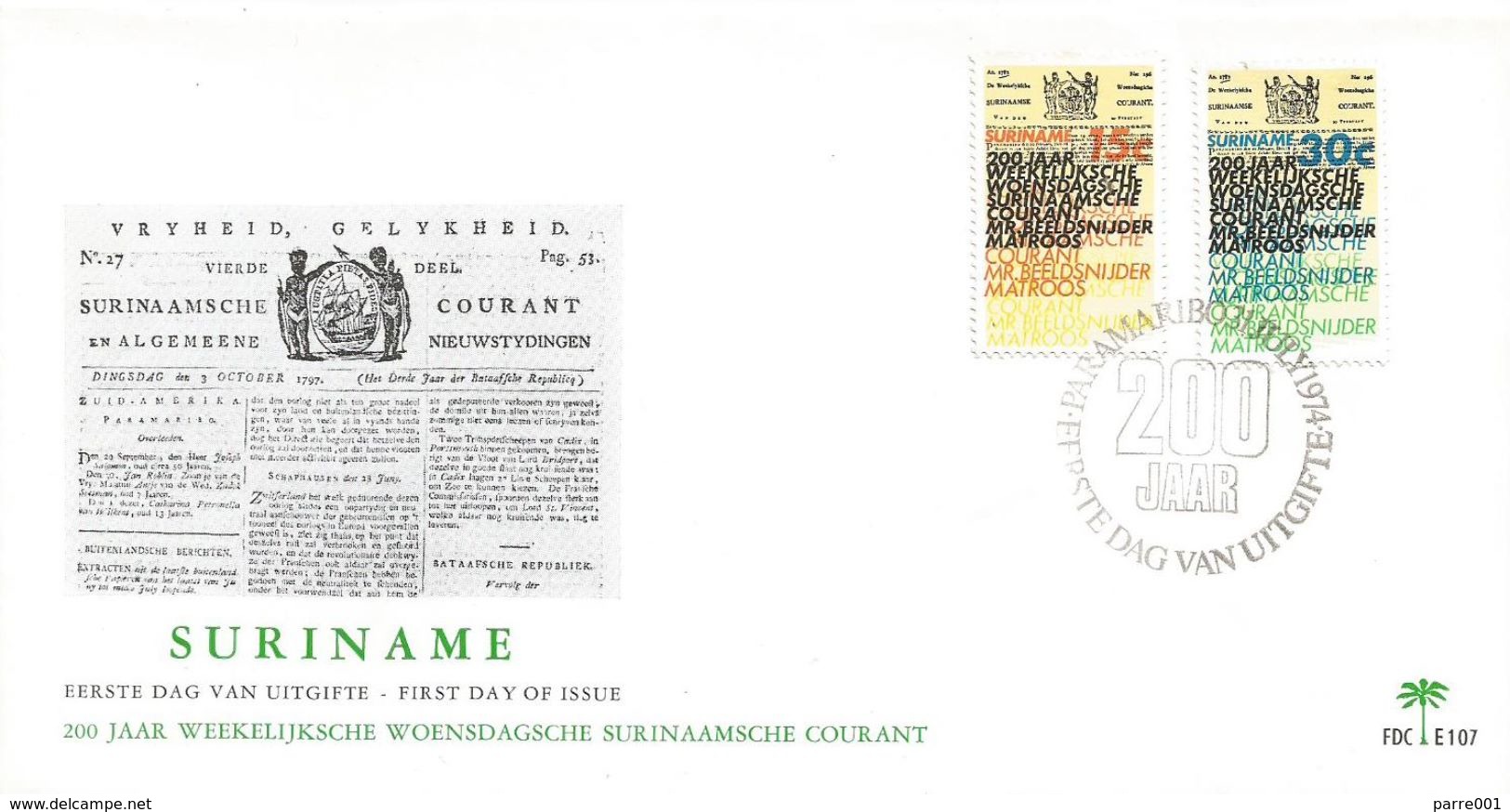 Surinam Suriname 1974 Paramaribo 200 Years Newspaper FDC Cover - Surinam