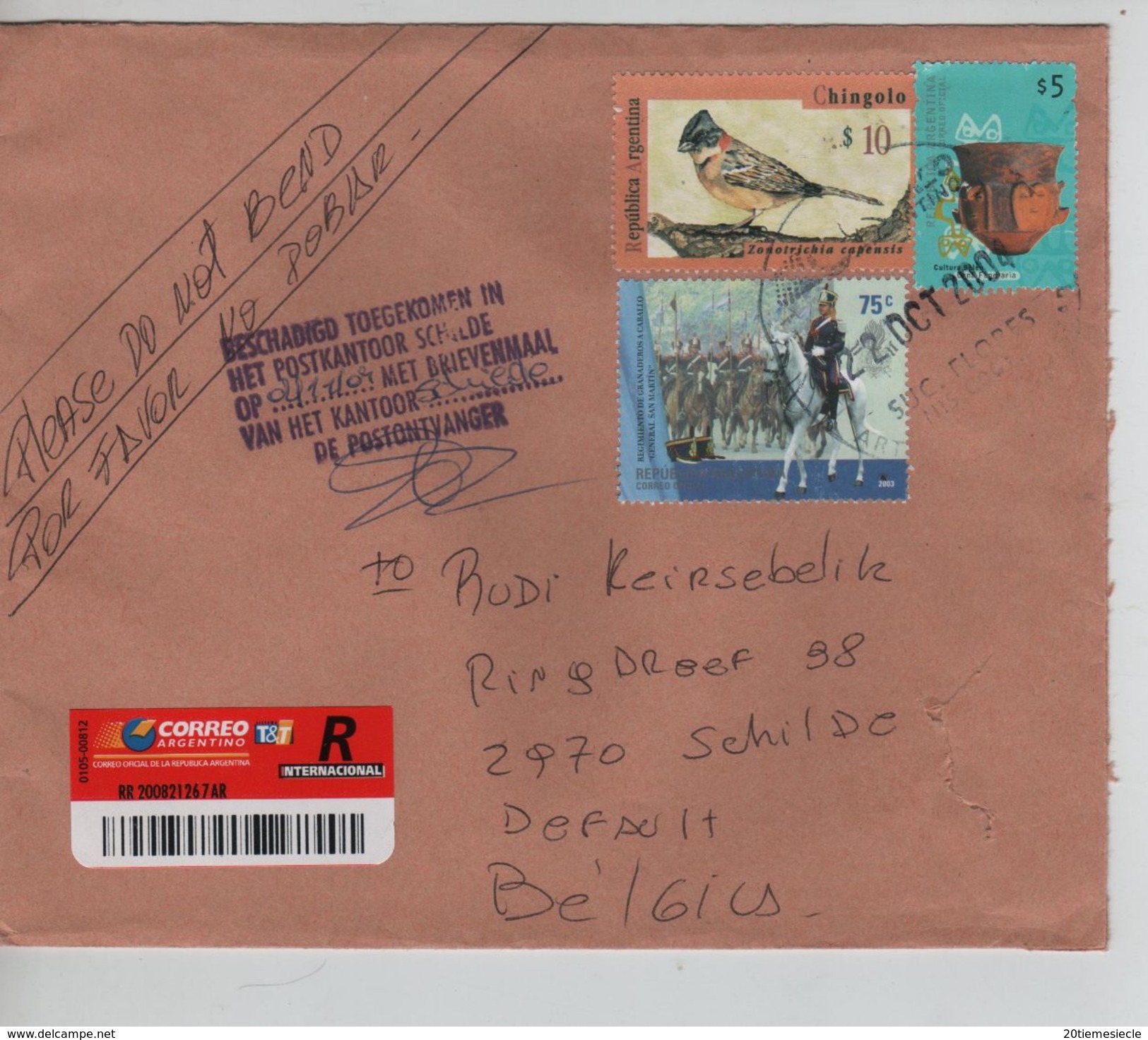 Argentina Registered Cover Buenos Aires 2004 To Belgium Damaged Bird & Soldier AP1254 - Covers & Documents