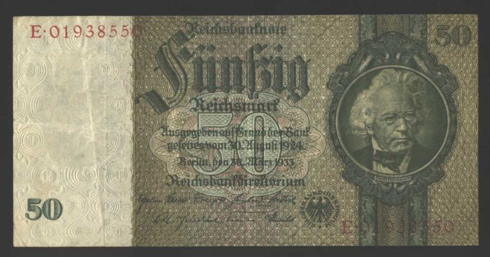 DR. Ro.175 C Wasserzeichen Links Eichenlaub Reichsbanknote 50,00 RM. (erst Ab Ende 1945) Reichsdr. Serie E 8 St. Erh. II - 50 Reichsmark