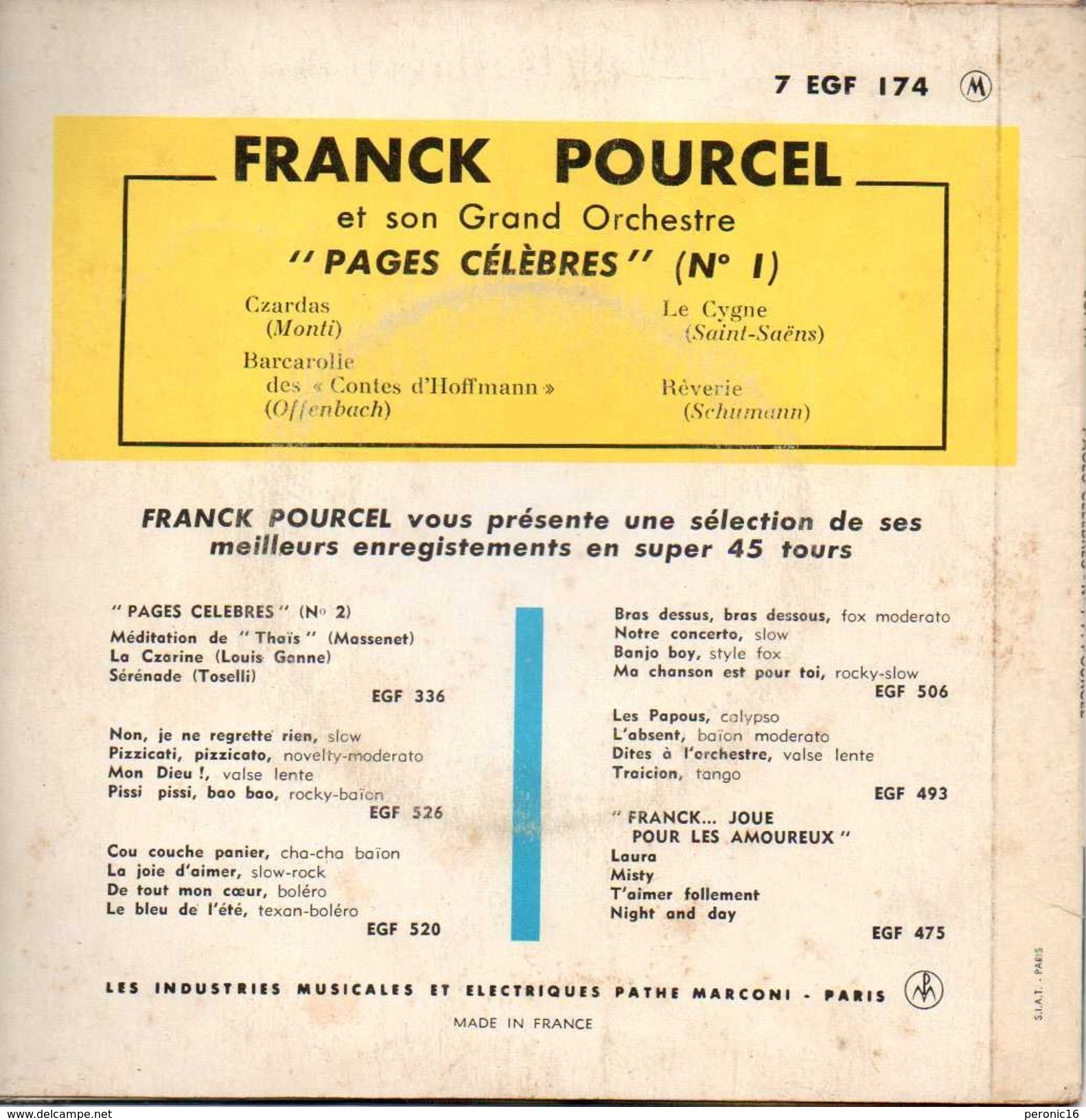 45 Tours FRANCK POURCEL "pages Céléèbres N° 1" La Voix De Son Maître 7 EGF 174 - Classical