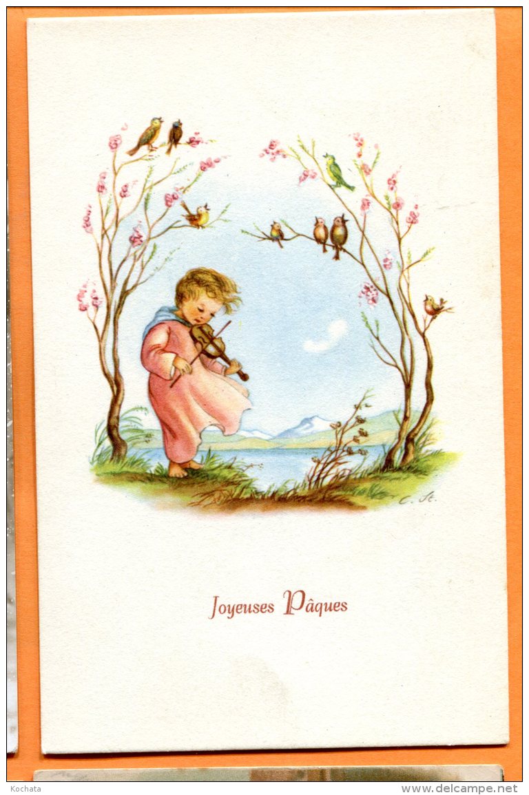 NOV258, Joyeuses Pâques, Enfant, Violon, Oiseau, Bird, Musique, Musik, Chant, 1032, Circulée Sous Enveloppe - Pasqua