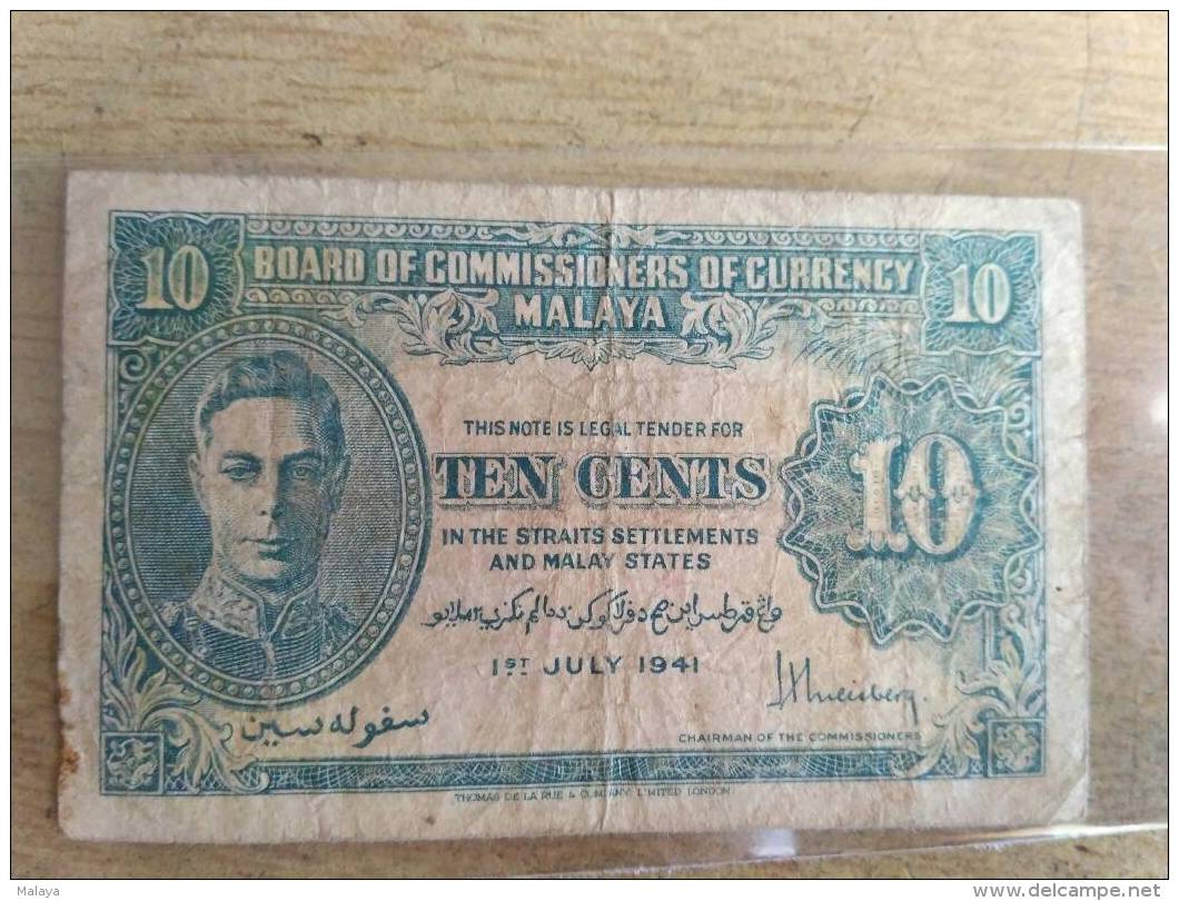 Vintage  MALAYA 1941 Straits Settlements Commissioners King George VI 10 Cents Fine Circulated, Uniface - Malaysia