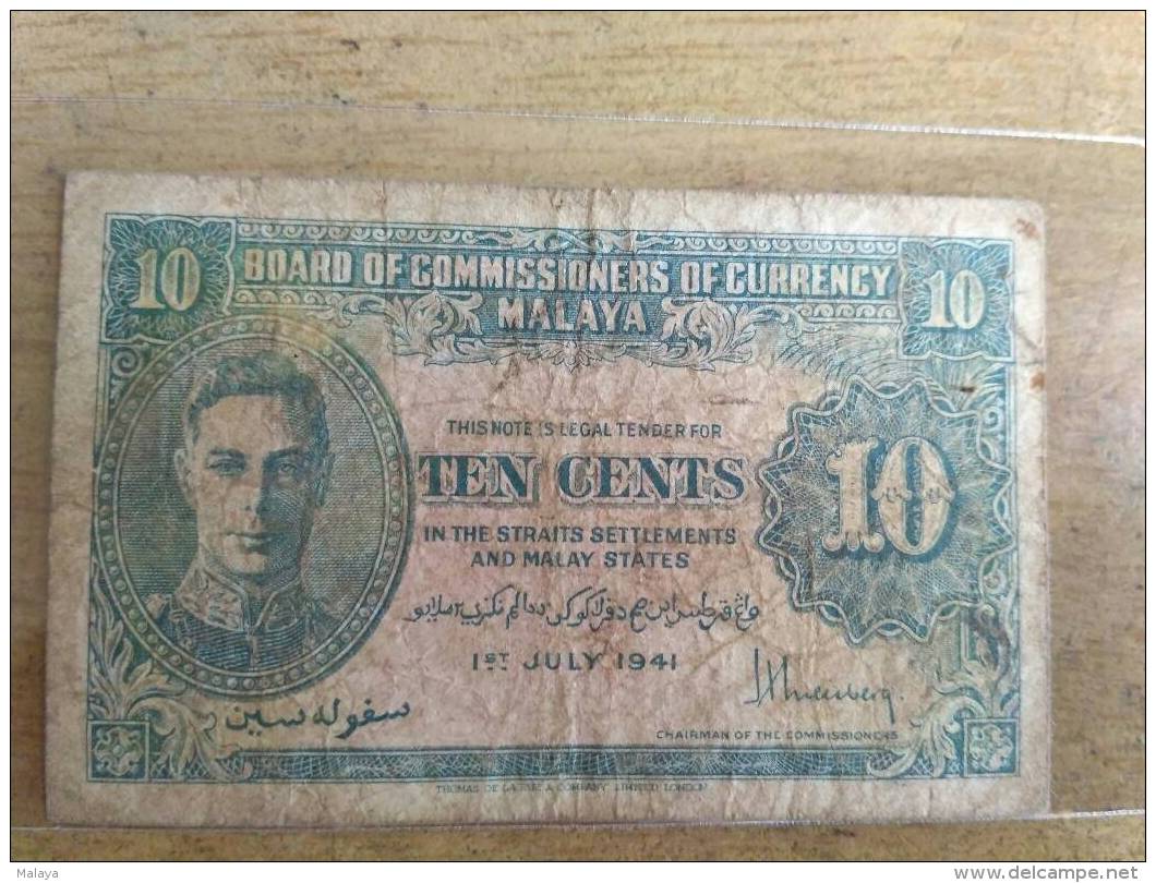 Vintage  MALAYA 1941 Straits Settlements Commissioners King George VI 10 Cents Fine Circulated, Uniface - Malesia