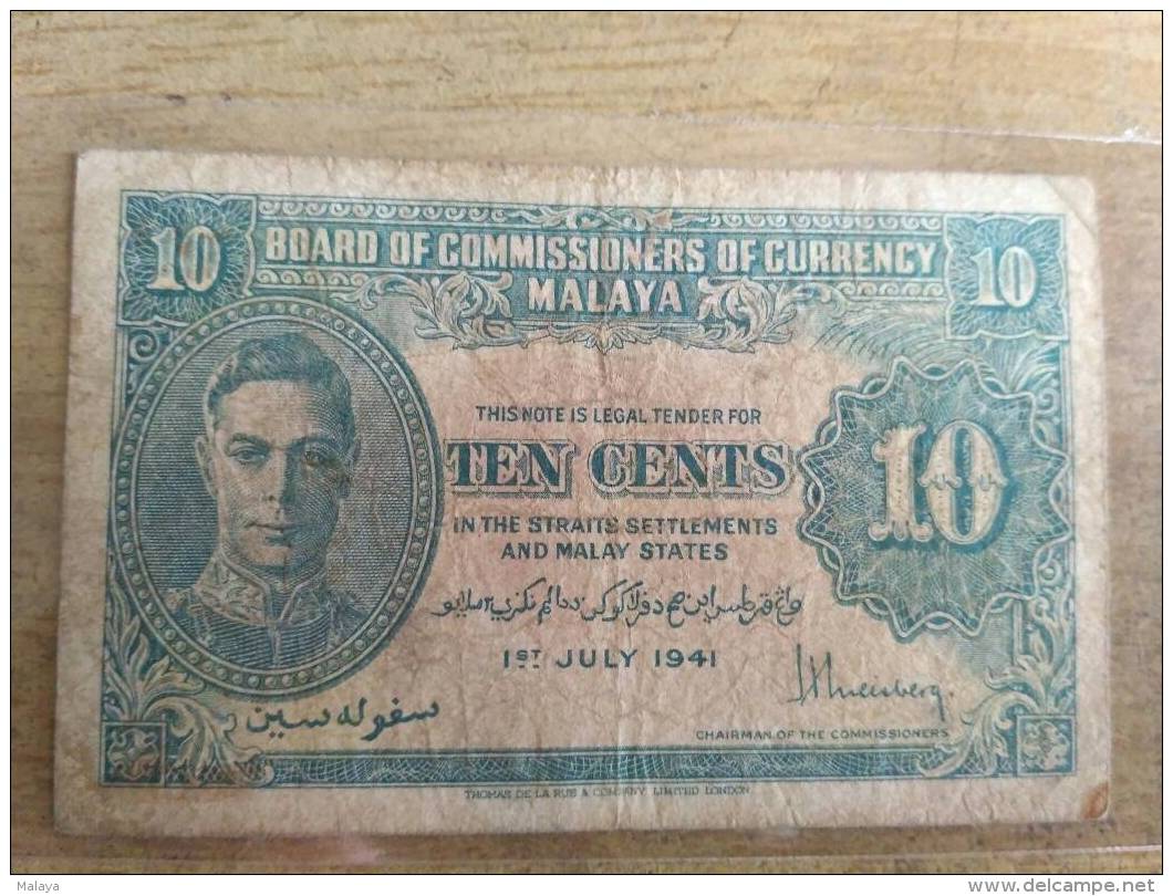 Vintage  MALAYA 1941 Straits Settlements Commissioners King George VI 10 Cents Fine Circulated, Uniface - Malaysia