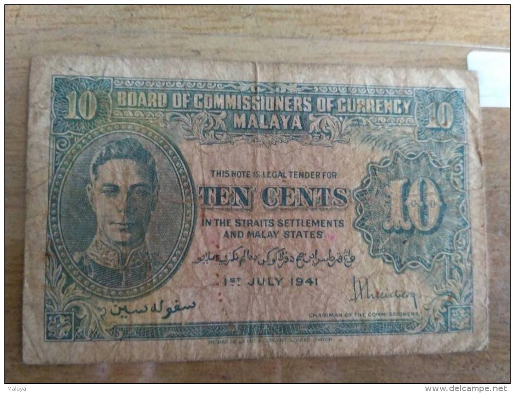 Vintage  MALAYA 1941 Straits Settlements Commissioners King George VI 10 Cents Fine Circulated, Uniface - Malasia