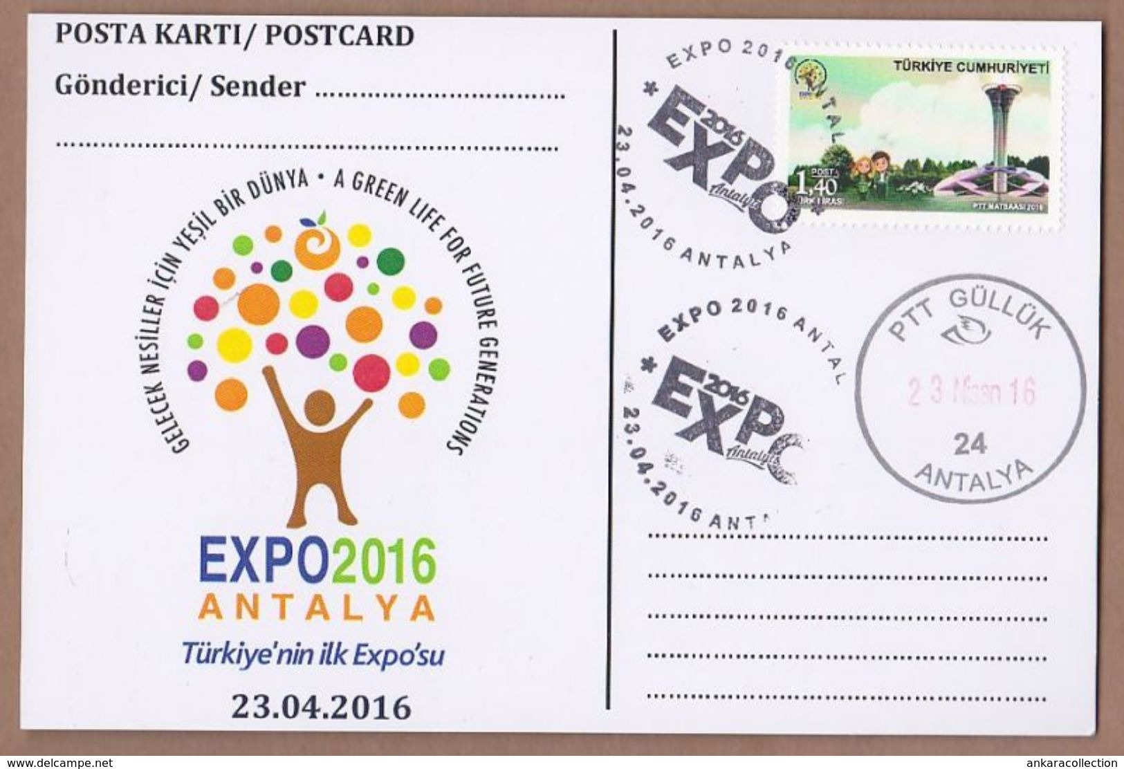 AC - TURKEY POSTAL STATIONERY - EXPO 2016 ANTALYA A GREEN LIFE FOR FUTURE GENERATIONS ANTALYA, 23 APRIL 2016 - Postal Stationery