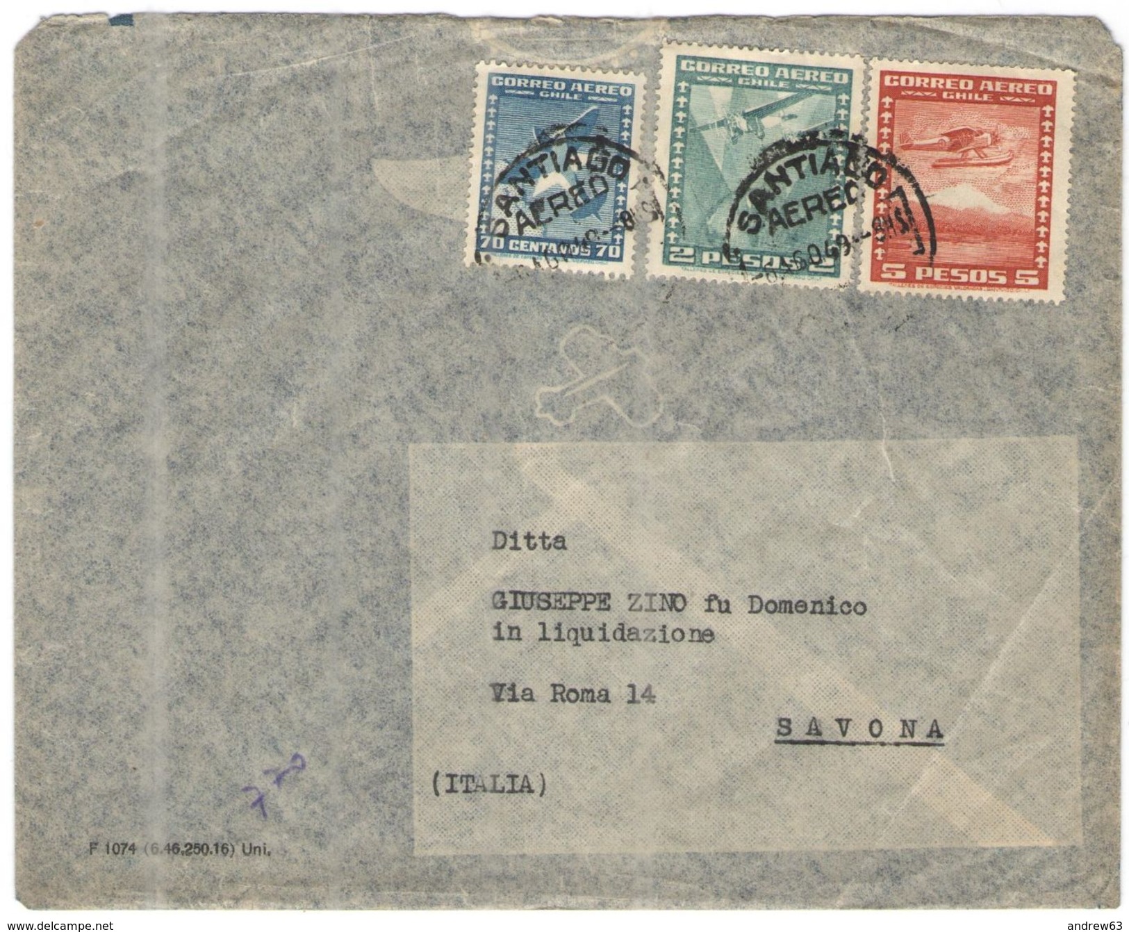 CILE - CHILE - 1949 - 70c + 2 + 5 Pesos Correo Aereo - Air Mail - Viaggiata Da Santiago Per Savona, Italia - Chile