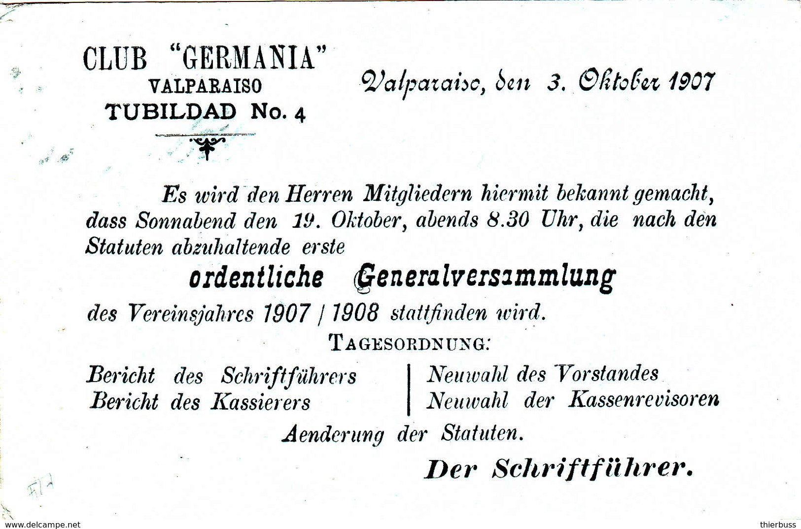 Chile Tarjeta Potal Entier Colomb Valparaiso 1907 Club Germania Daguin - Chili
