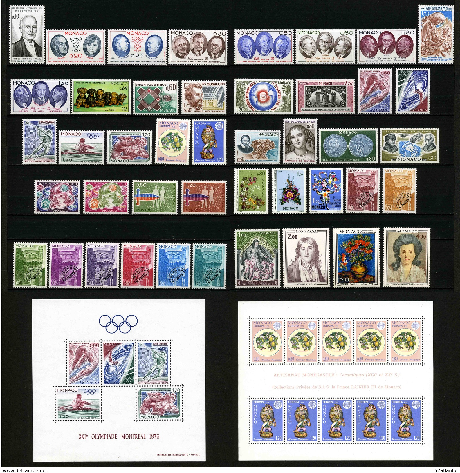 MONACO - ANNEE COMPLETE 1976 - YT 1043 à 1078 + PREO 38 à 45 ** + BF 11 Et 12 ** -  44 TIMBRES NEUFS ** + 2 BLOCS ** - Années Complètes