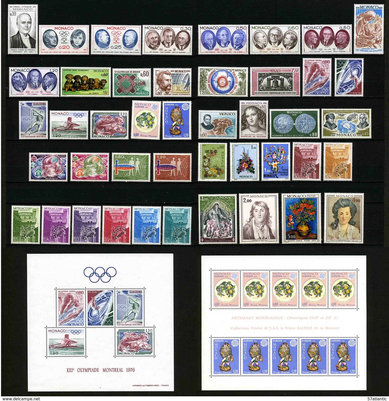 MONACO - ANNEE COMPLETE 1976 - YT 1043 à 1078 + PREO 38 à 45 ** + BF 11 Et 12 ** -  44 TIMBRES NEUFS ** + 2 BLOCS ** - Full Years
