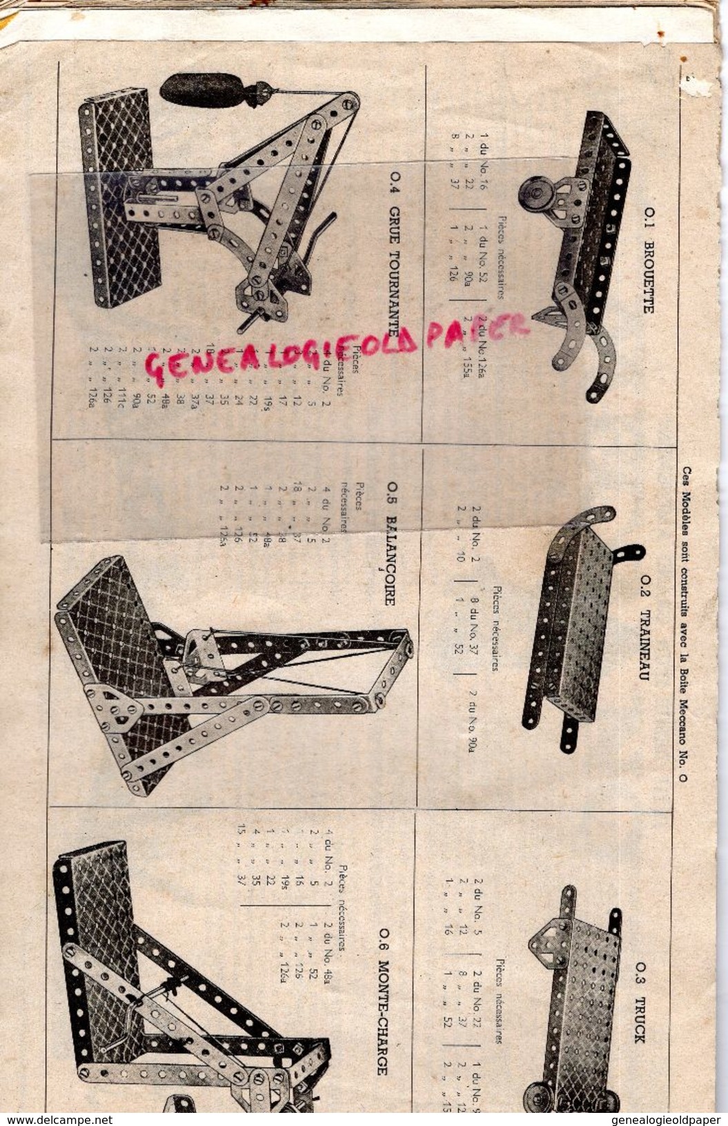 93- BOBIGNY- CATALOGUE MECCANO- BOITE N° 1- 31 MARS 1946- TRAMWAY-GRUE-MONOPLAN-MANEGE-CAMION-AVION-SCIE-HYDRAVION- - Meccano