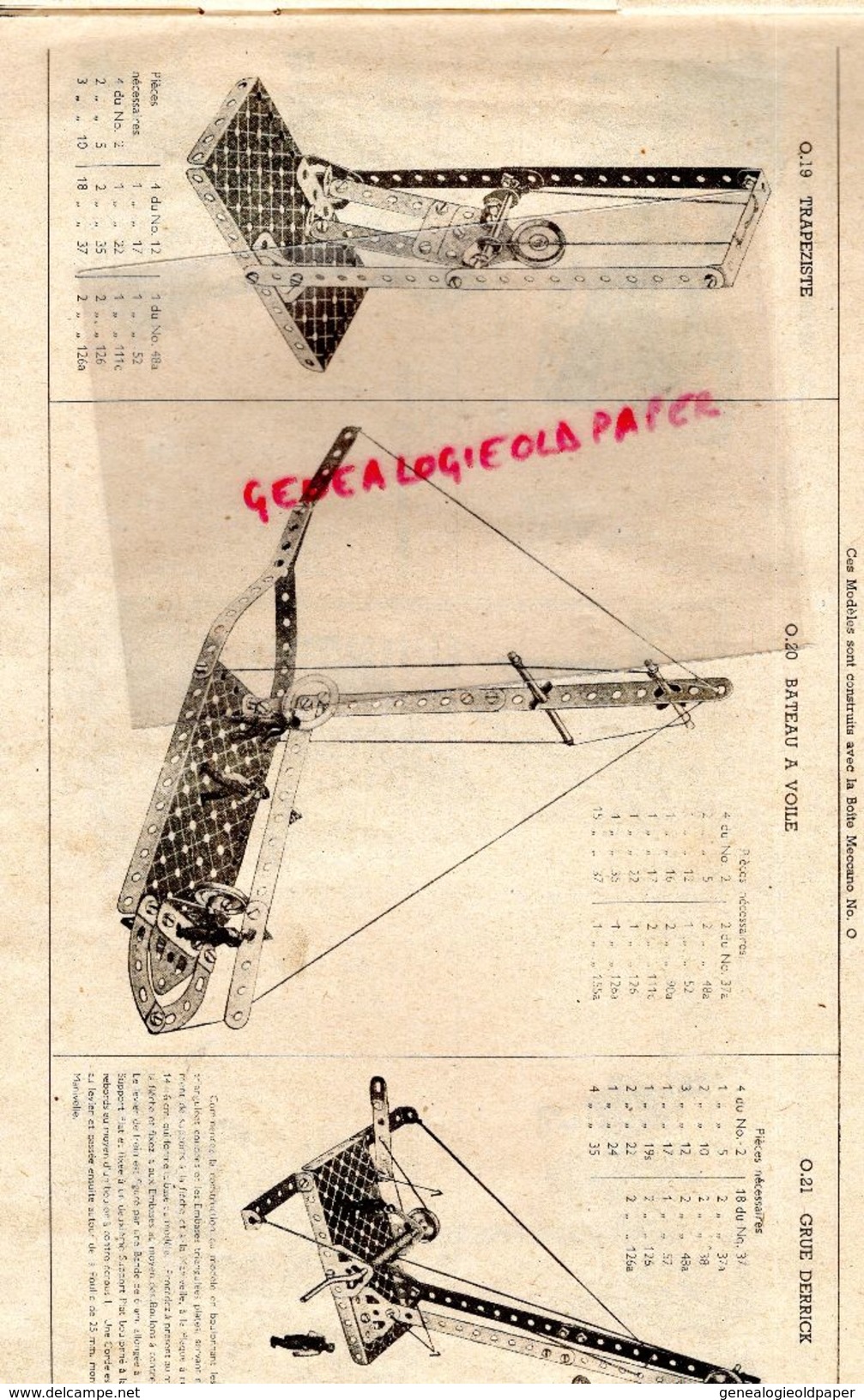 93- BOBIGNY- CATALOGUE MECCANO- BOITE N° 1- 31 MARS 1946- TRAMWAY-GRUE-MONOPLAN-MANEGE-CAMION-AVION-SCIE-HYDRAVION-