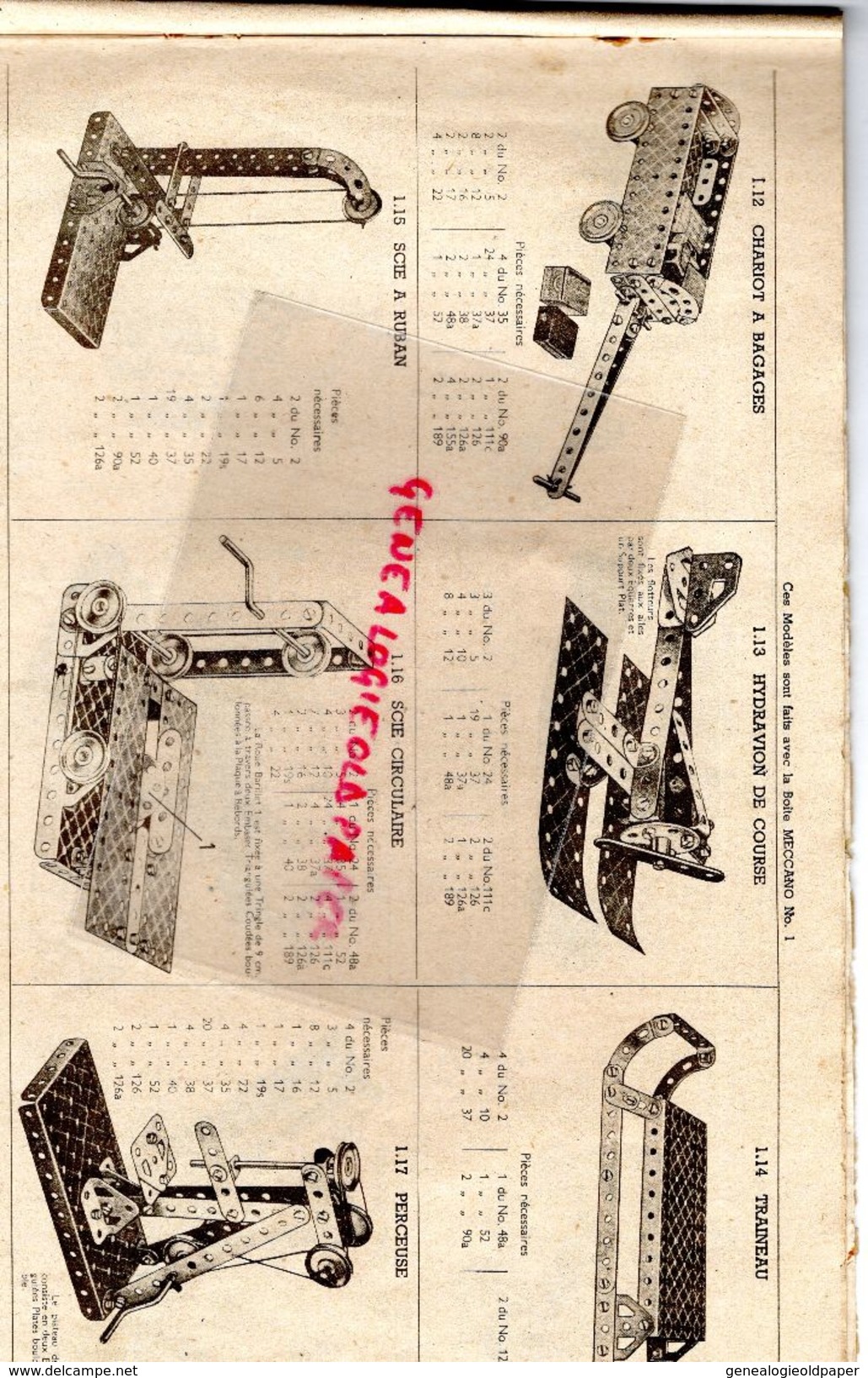 93- BOBIGNY- CATALOGUE MECCANO- BOITE N° 1- 31 MARS 1946- TRAMWAY-GRUE-MONOPLAN-MANEGE-CAMION-AVION-SCIE-HYDRAVION-