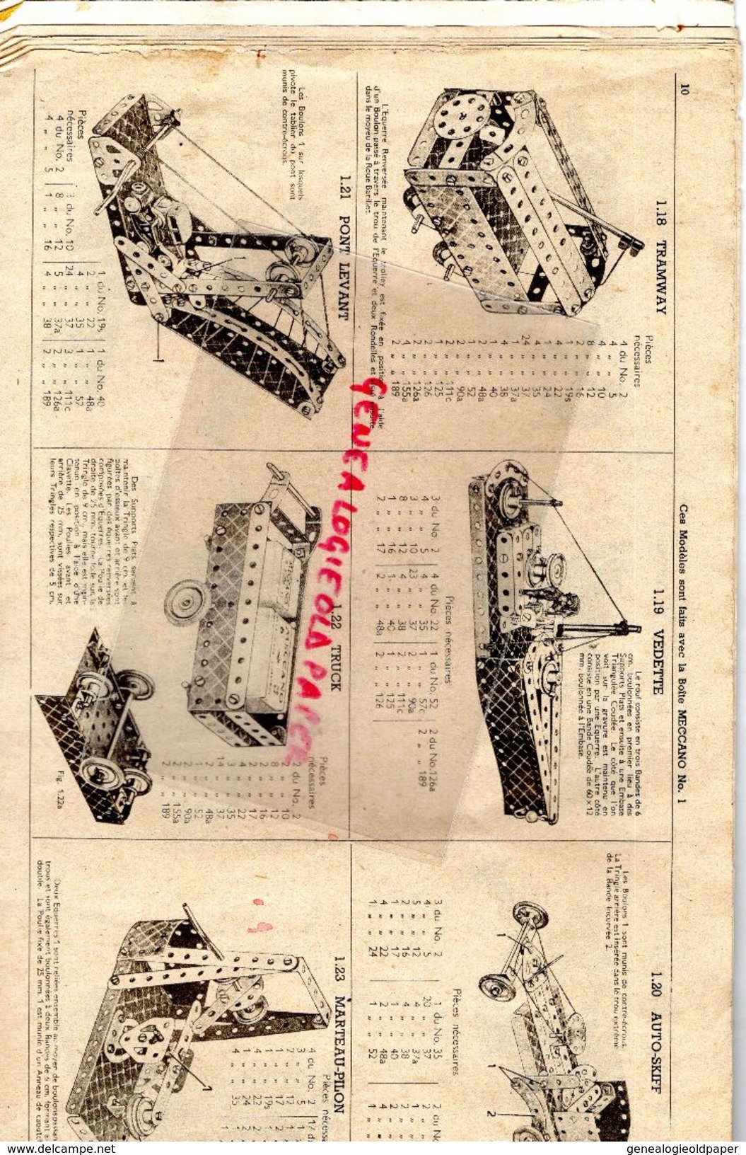 93- BOBIGNY- CATALOGUE MECCANO- BOITE N° 1- 31 MARS 1946- TRAMWAY-GRUE-MONOPLAN-MANEGE-CAMION-AVION-SCIE-HYDRAVION-