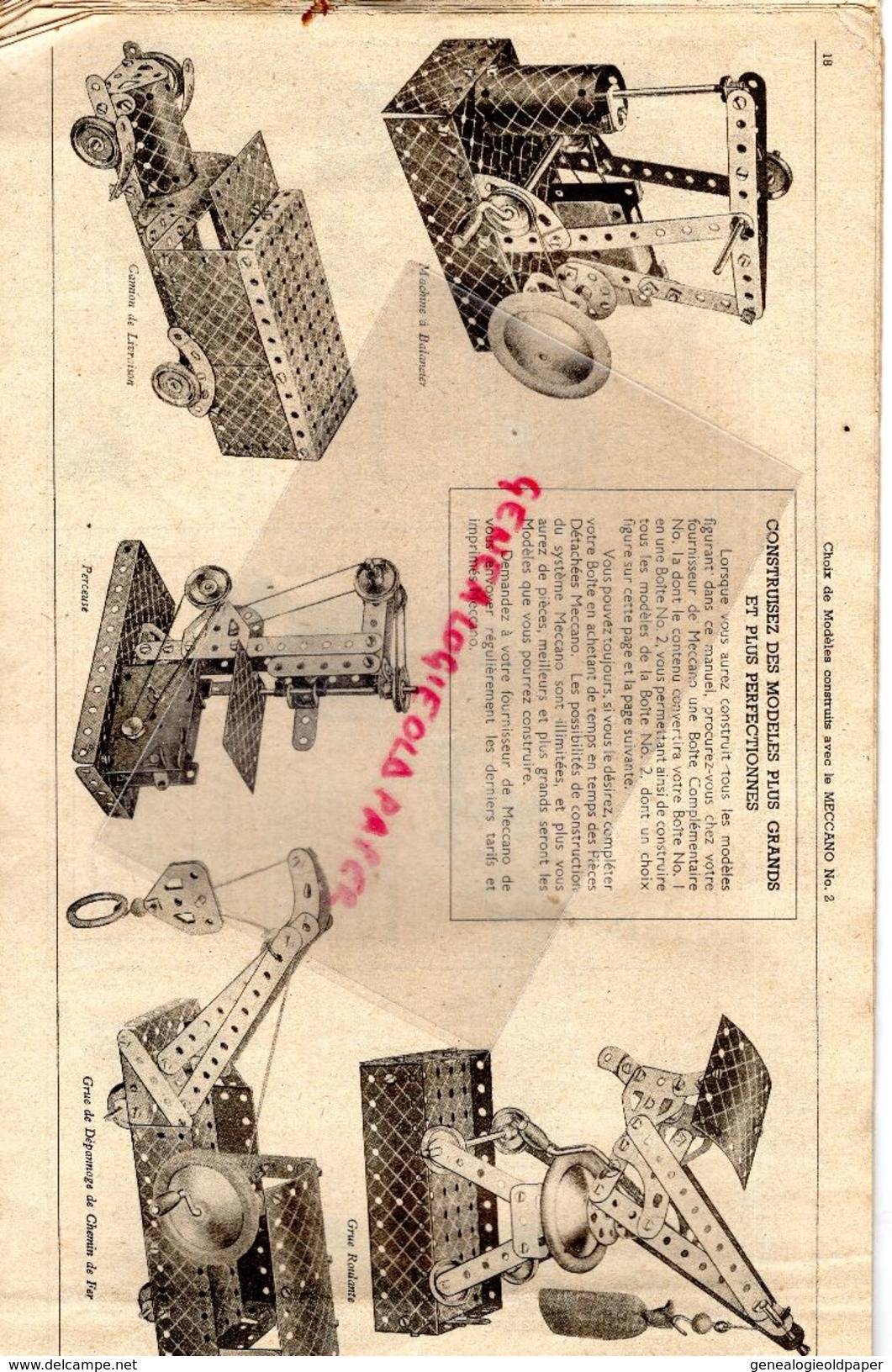 93- BOBIGNY- CATALOGUE MECCANO- BOITE N° 1- 31 MARS 1946- TRAMWAY-GRUE-MONOPLAN-MANEGE-CAMION-AVION-SCIE-HYDRAVION-