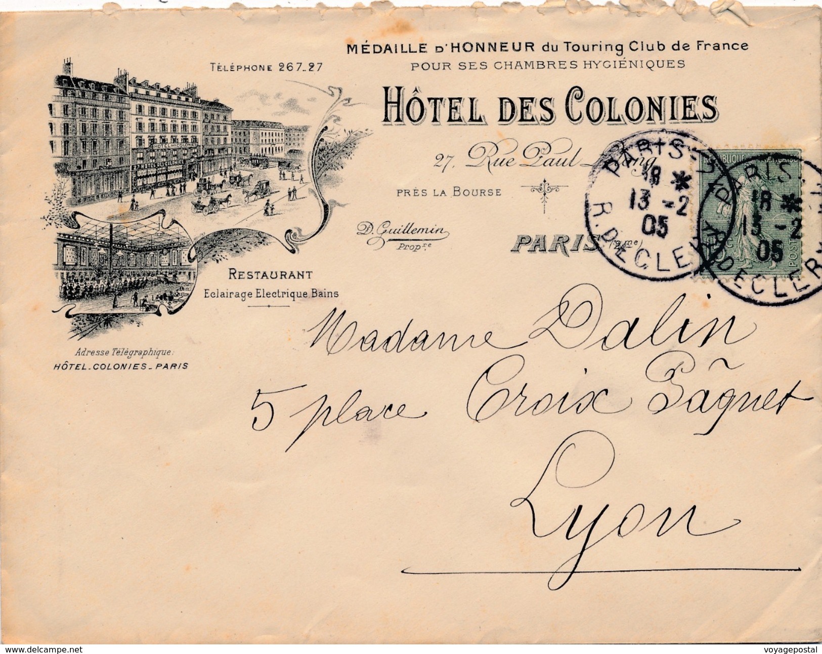 Lettre Semeuse 15c Hotel Des Colonies Paris - 1877-1920: Semi-moderne Periode