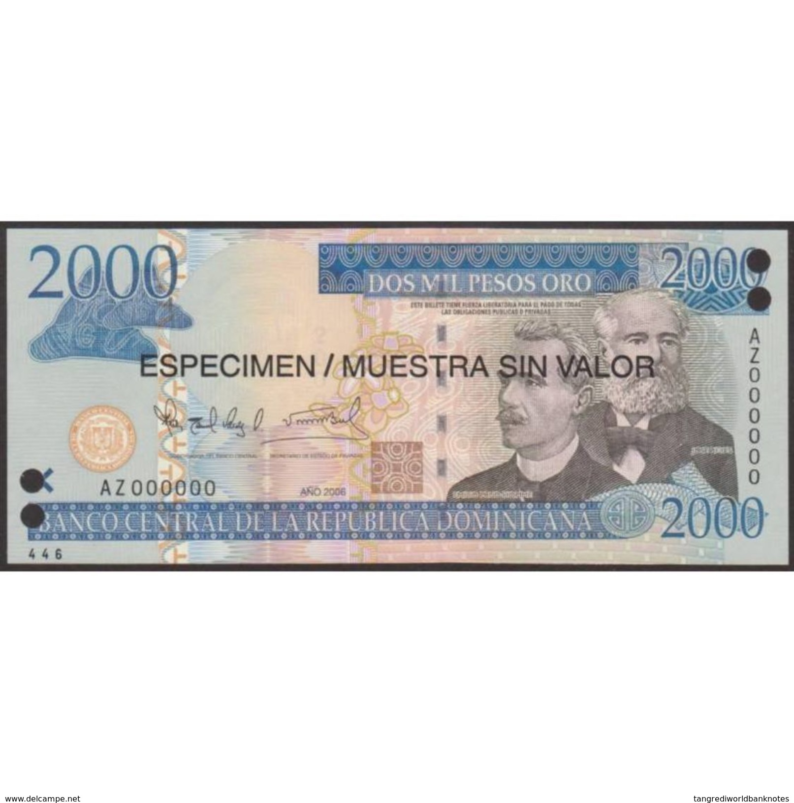 TWN - DOMINICAN REPUBLIC 181a-s - 2.000 Pesos Oro 2006 Especimen Muestra Sin Valor Punch Hole Canceled AZ 000000 UNC - Dominicaine